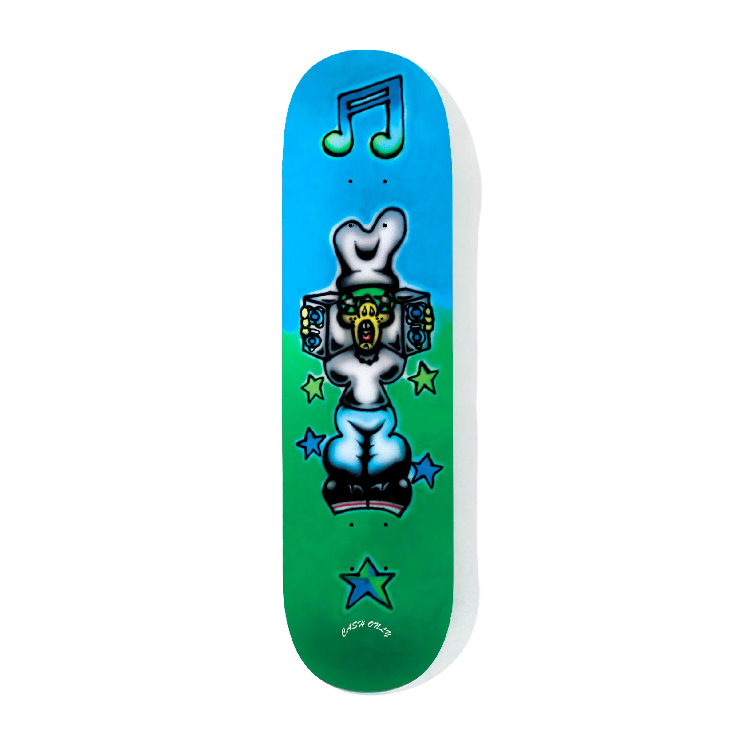 Cash Only skatebaord deck with green and blue background and a guy listening to boombox