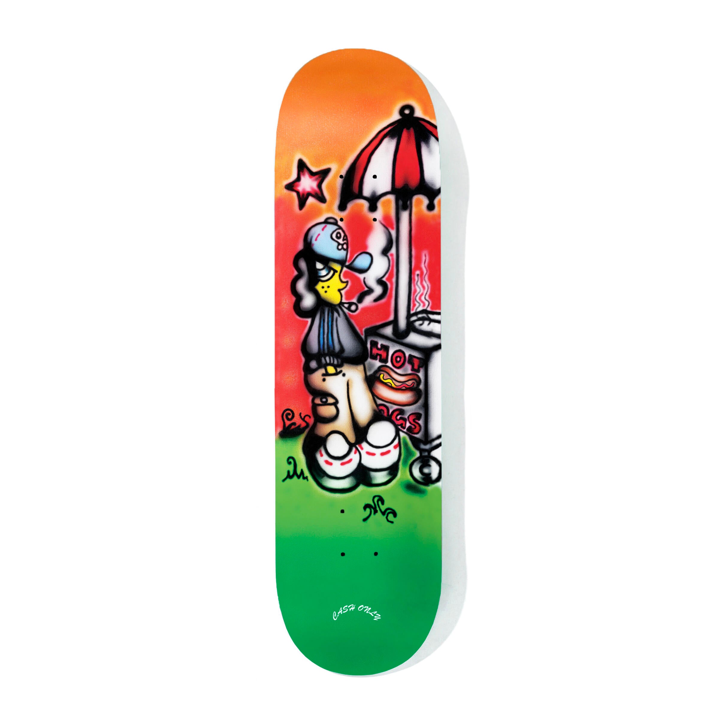 Cash Only skateboard deck with orange red and green background and a guy getting a hotdog