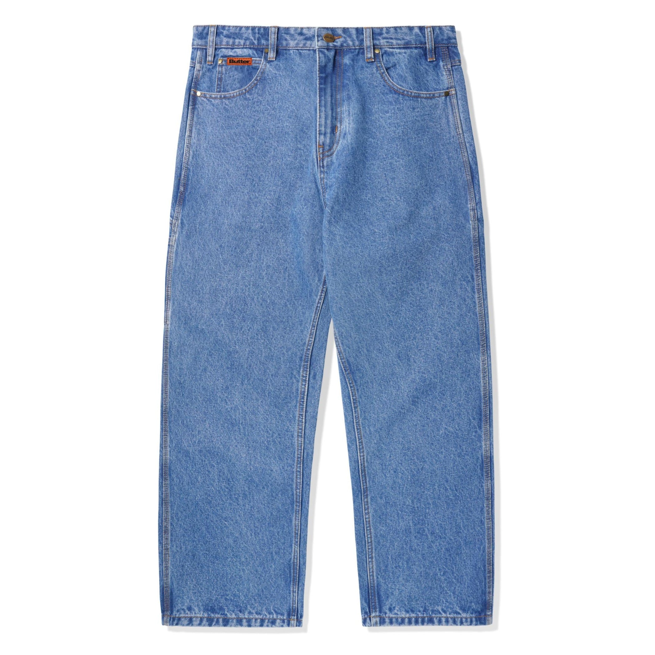 Washed Indigo blue Butter Goods Relaxed skate jeans with small patch logo