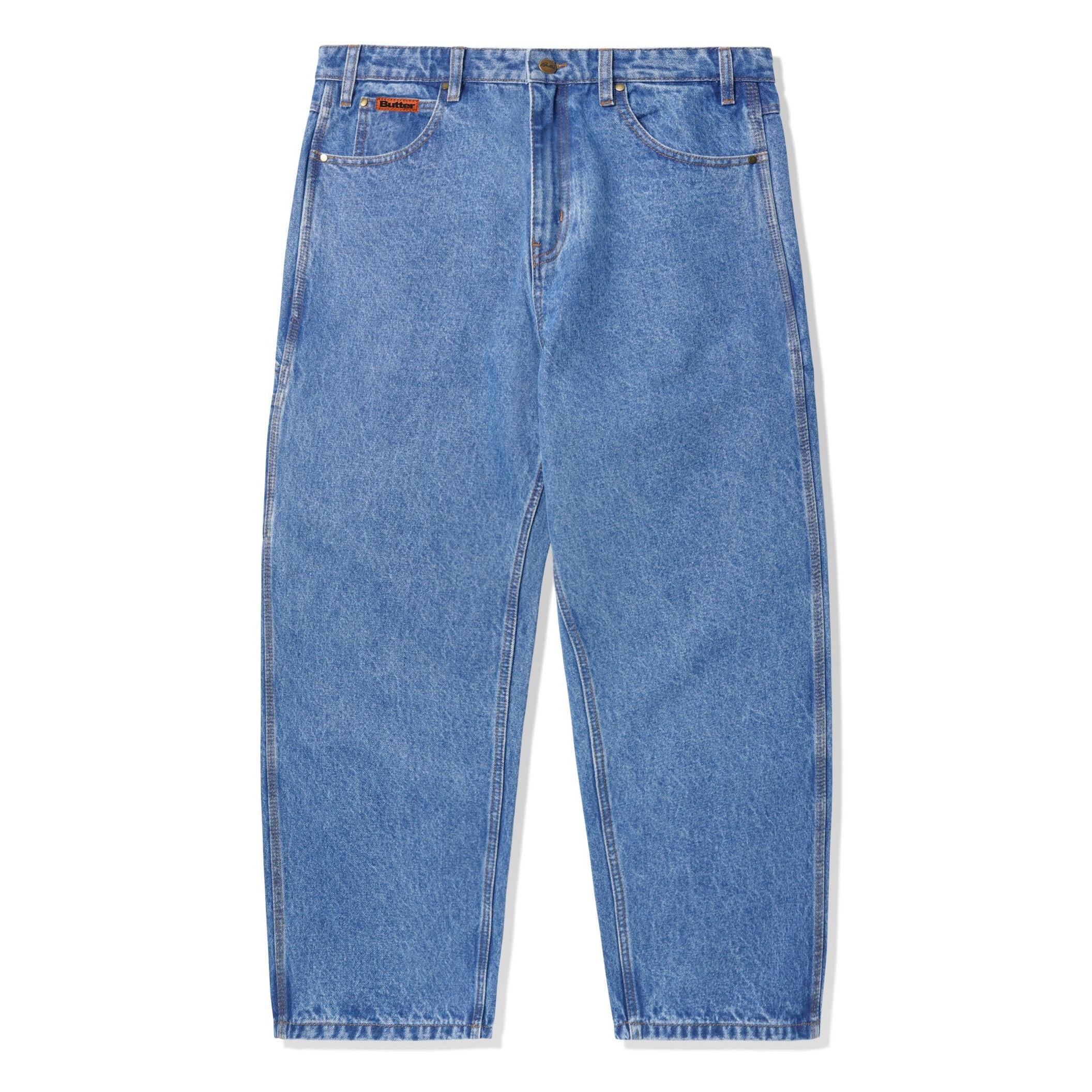 Washed Indigo blue Butter Goods baggy skate jeans with small patch logo