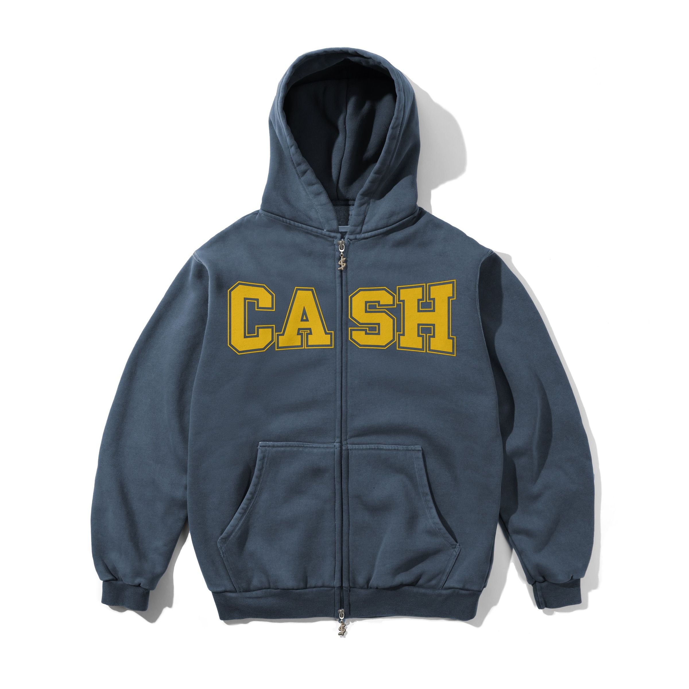 Washed Navy blue Zip up Cash Only Skateboarding hoodie with yellow logo