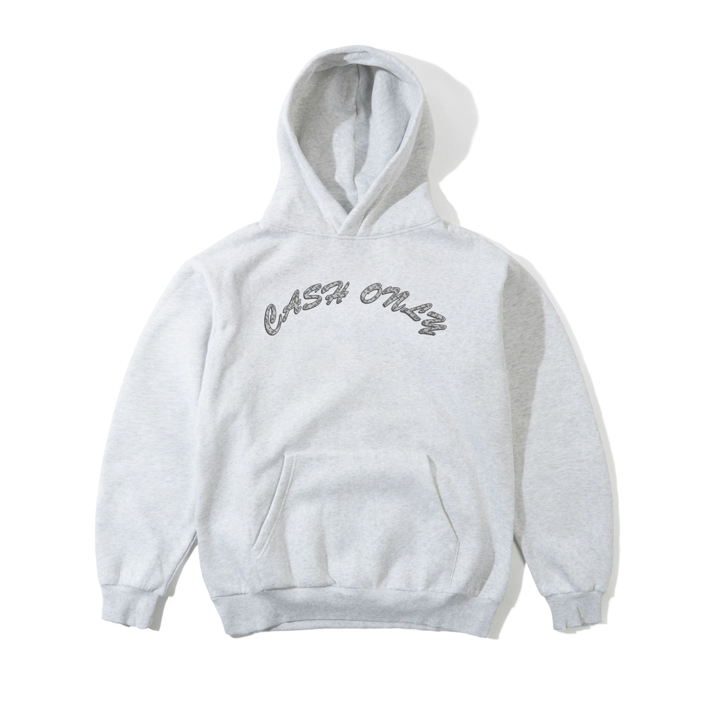 Grey Cash Only skateboarding hoodie with diamond plate printed logo