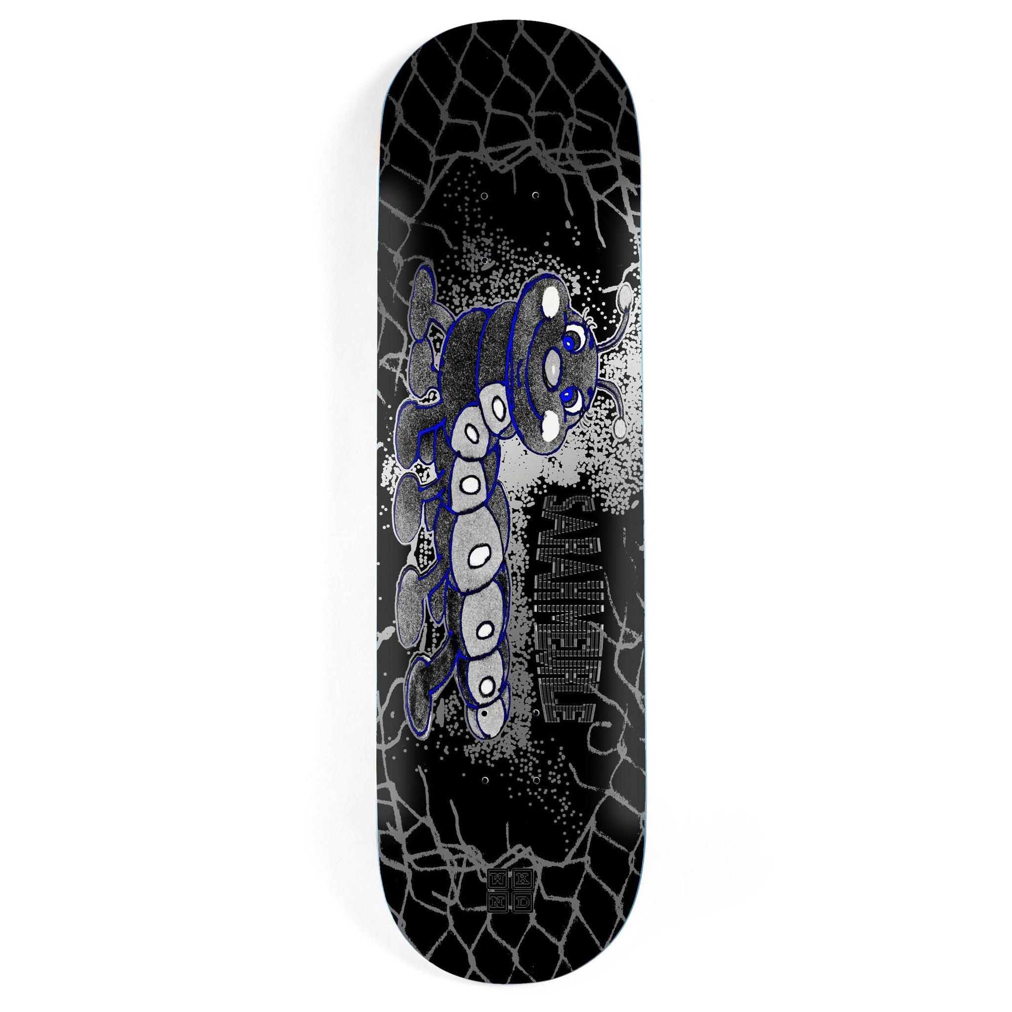 Black Sarah Meurle WKND skateboard deck with a silver caterpillar