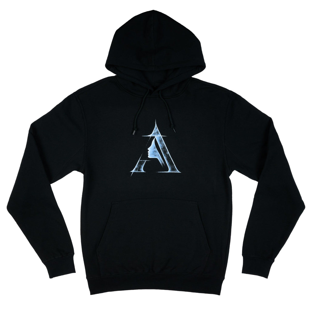 Black April skateboards pullover hoodie with a stylized graphic of the letter 'A' containing a profile silhouette, printed in a light blue gradient on the chest, shown against a plain white background.