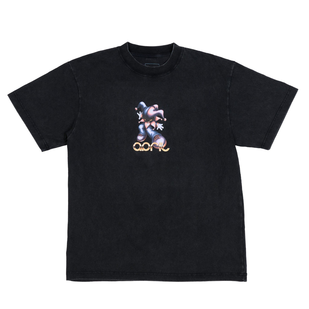 A black April skateboards t-shirt with a vintage-style graphic of a jester on the chest.