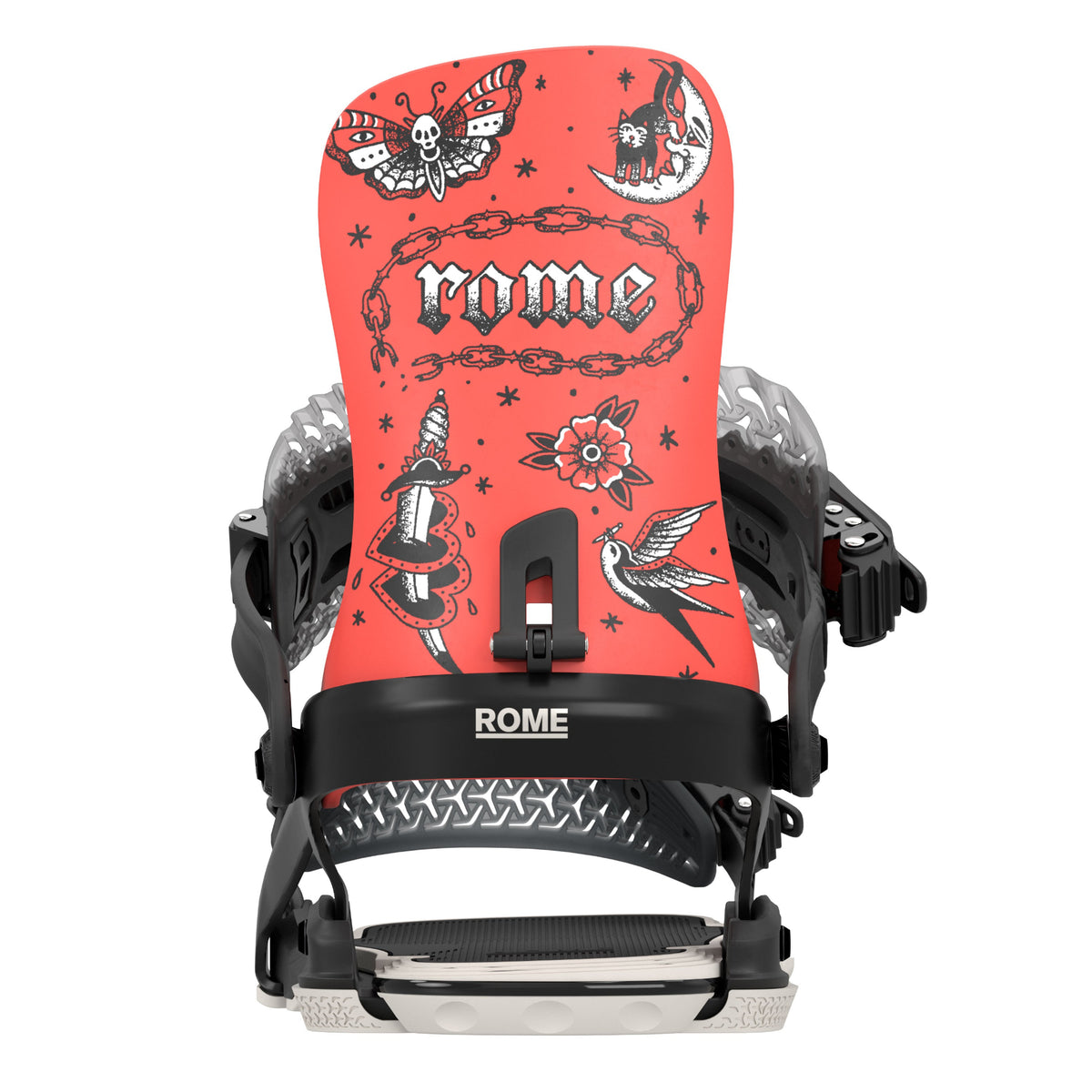 Back view of 2027 Rome Brass HW snowboard binding featuring a bright coral-red highback with tattoo-style illustrations of a bird, crescent moon, and stars, along with the word 'rome' in gothic lettering. The base is black and grey.