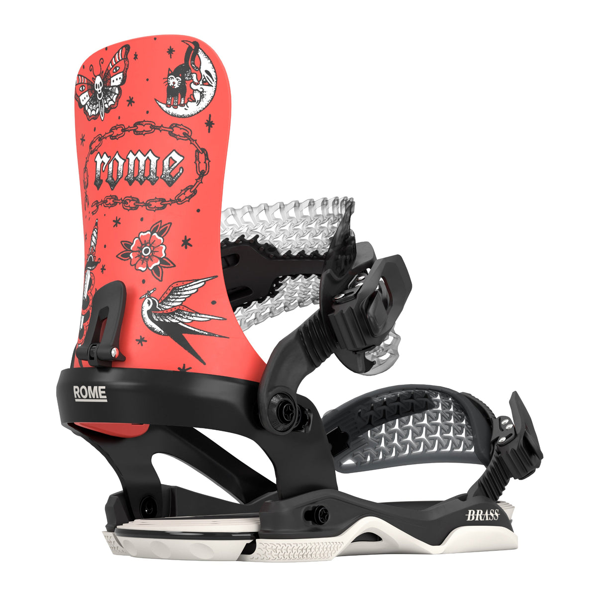 The 2027 Rome Brass HW snowboard binding featuring a bright coral-red highback with tattoo-style illustrations of a bird, crescent moon, and stars, along with the word 'rome' in gothic lettering. The base is black and grey.