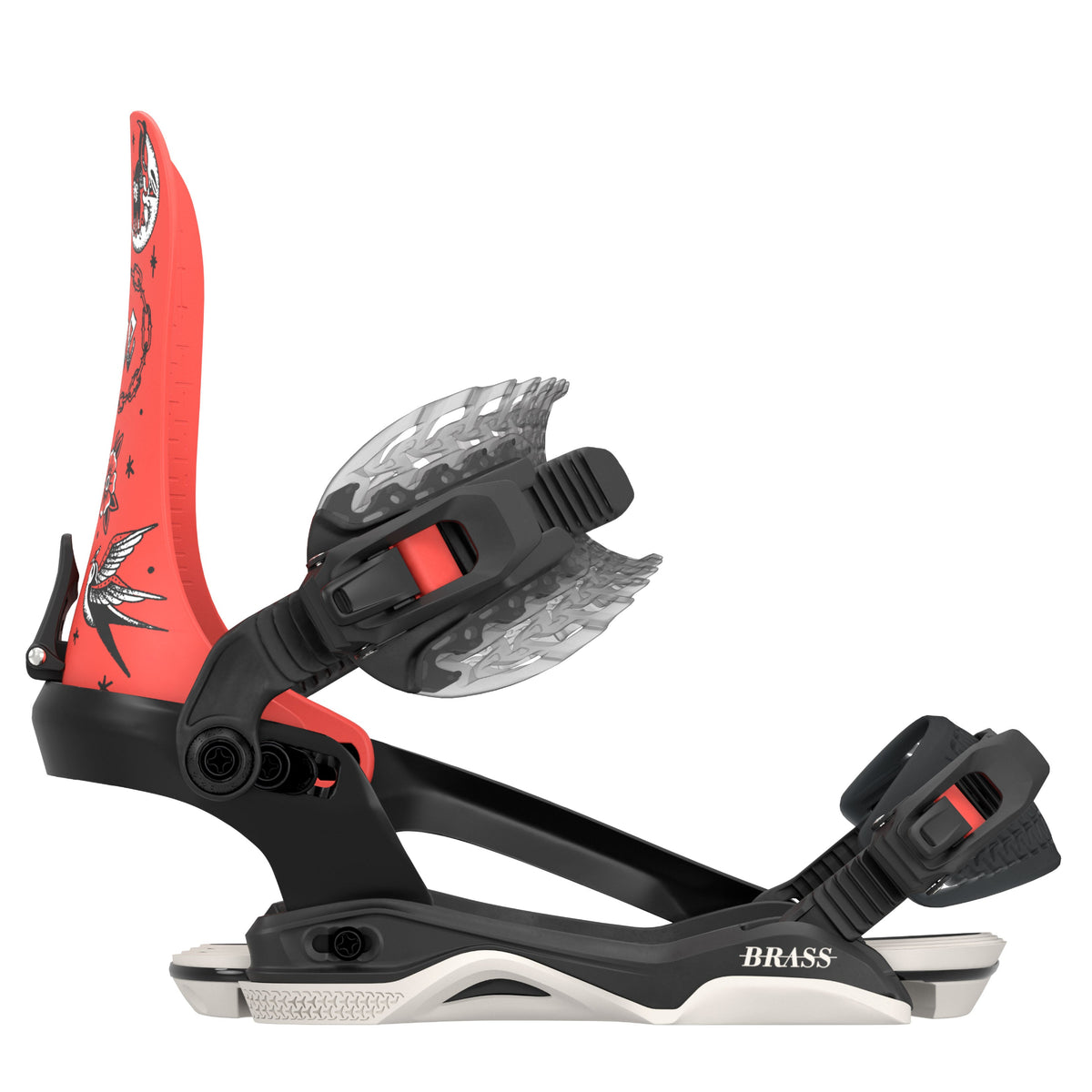 side view of 2027 Rome Brass HW snowboard binding featuring a bright coral-red highback and base is black and grey