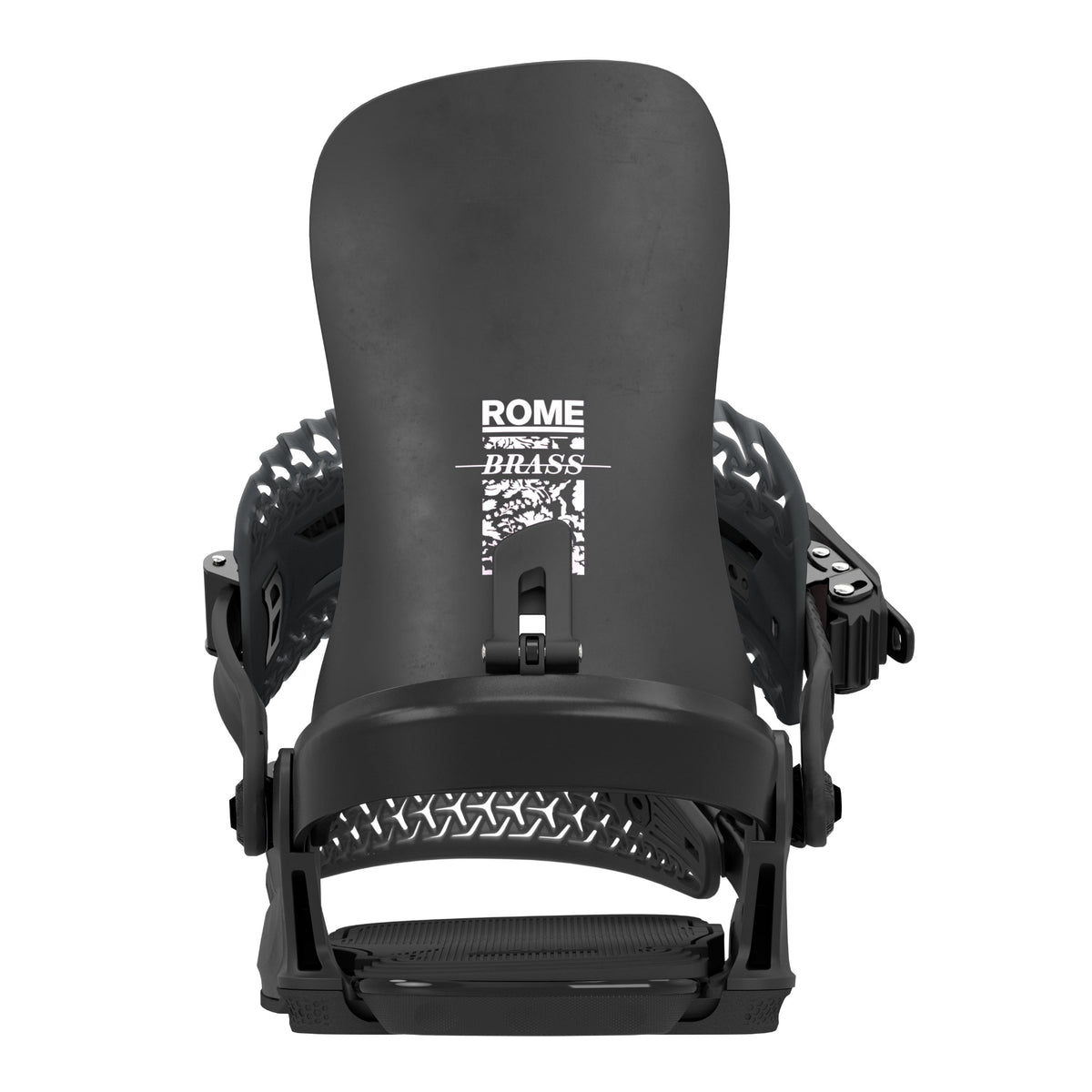 A black 2027 snowboard binding shown from the front against a solid white background, featuring white printed branding for Rome and Brass.