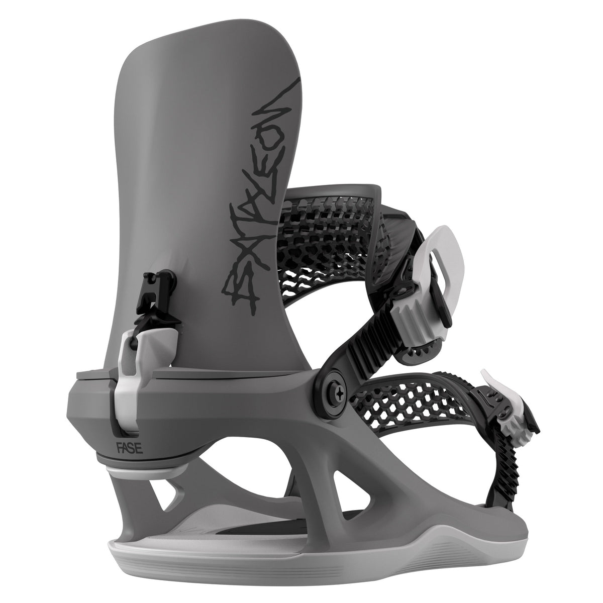 2027 Bataleon Ghost FASE snowboard binding shown from a side profile view on a clean white background. The binding features a matte dark gray highback and base, black straps, and white buckles.