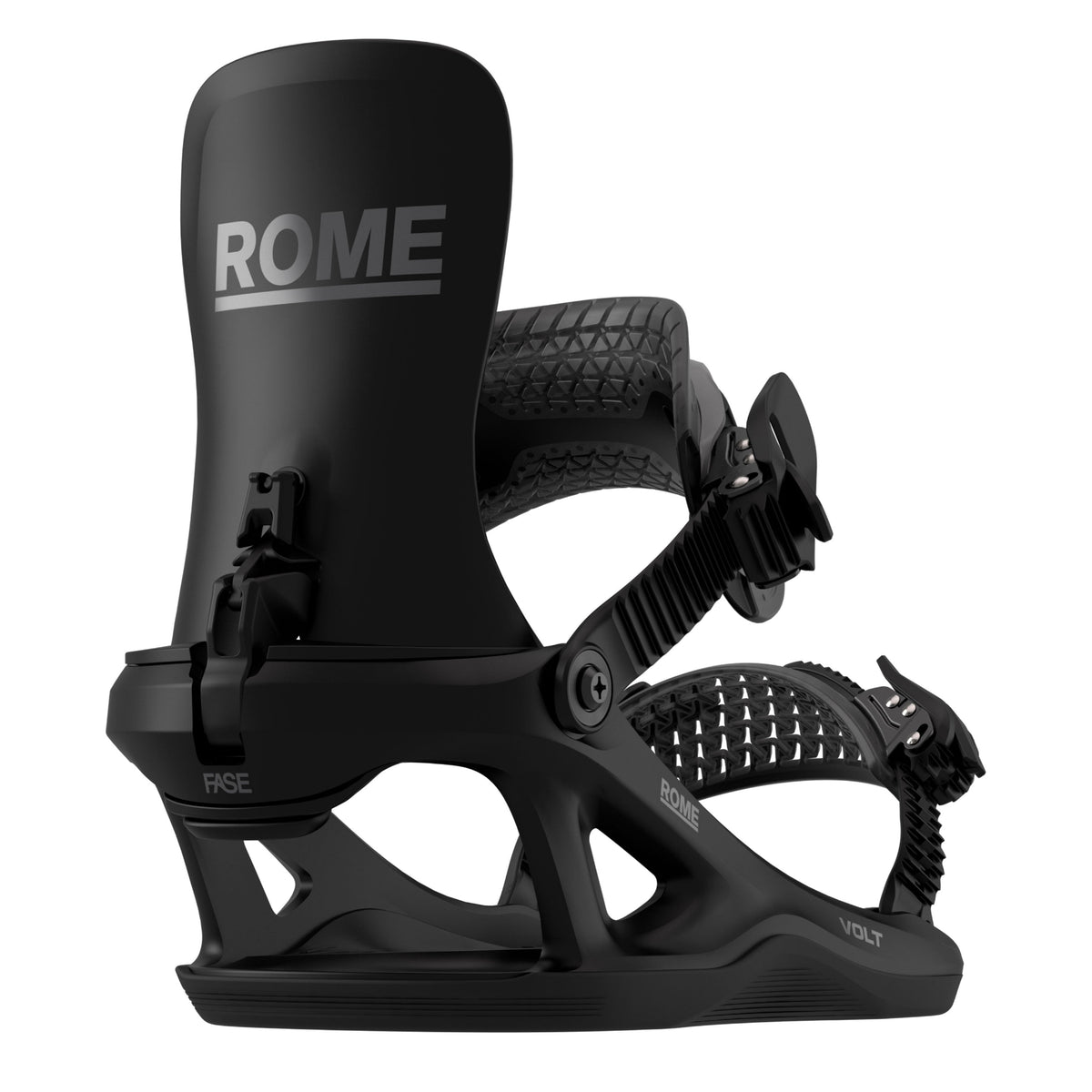 Black Volt Fase snowboard binding shown from the side against a plain white background, with the brand name 'ROME' printed in gray on the highback.