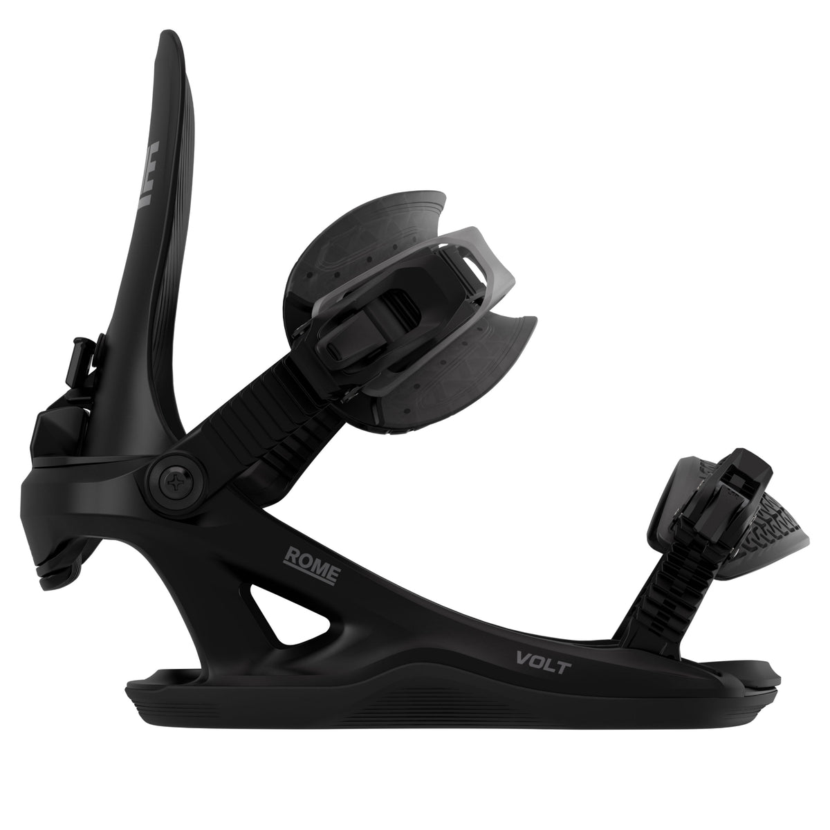 2027 Black Volt Fase snowboard binding front view side view