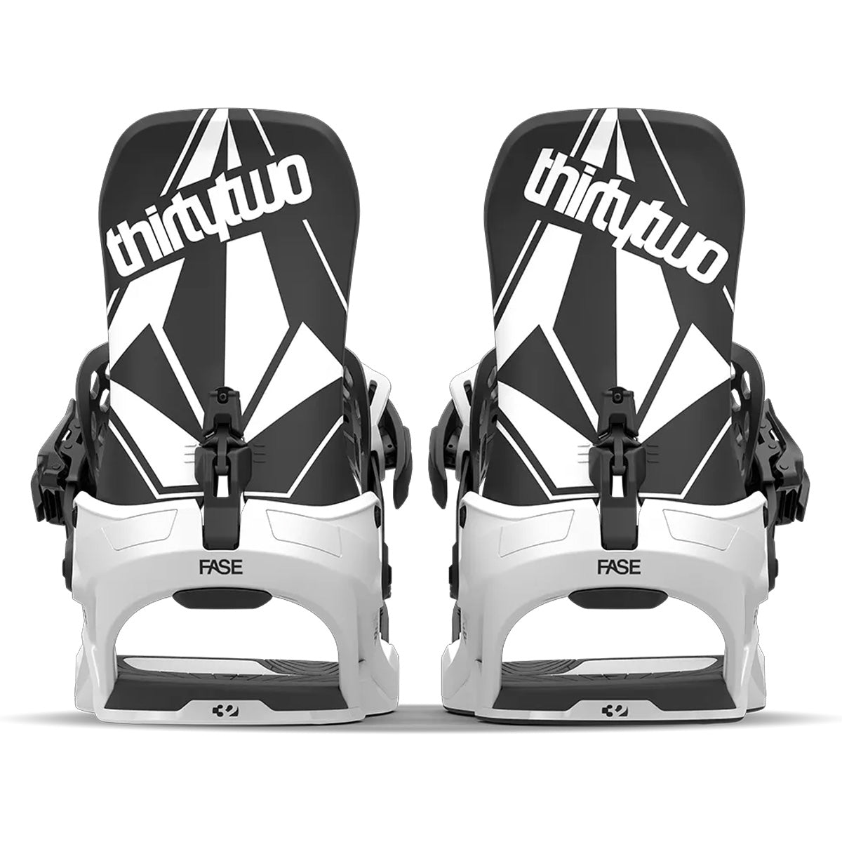 Pair of Volcom x thirtytwo FASE snowboard binding back view