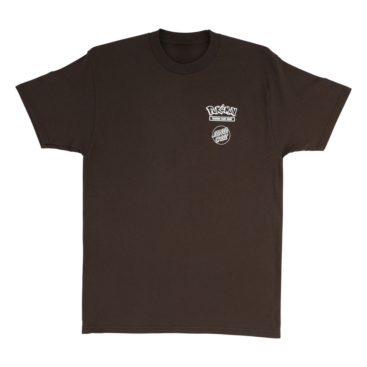 Brown t-shirt with a small white Santa Cruz X Pokémon TCG logo on a white background