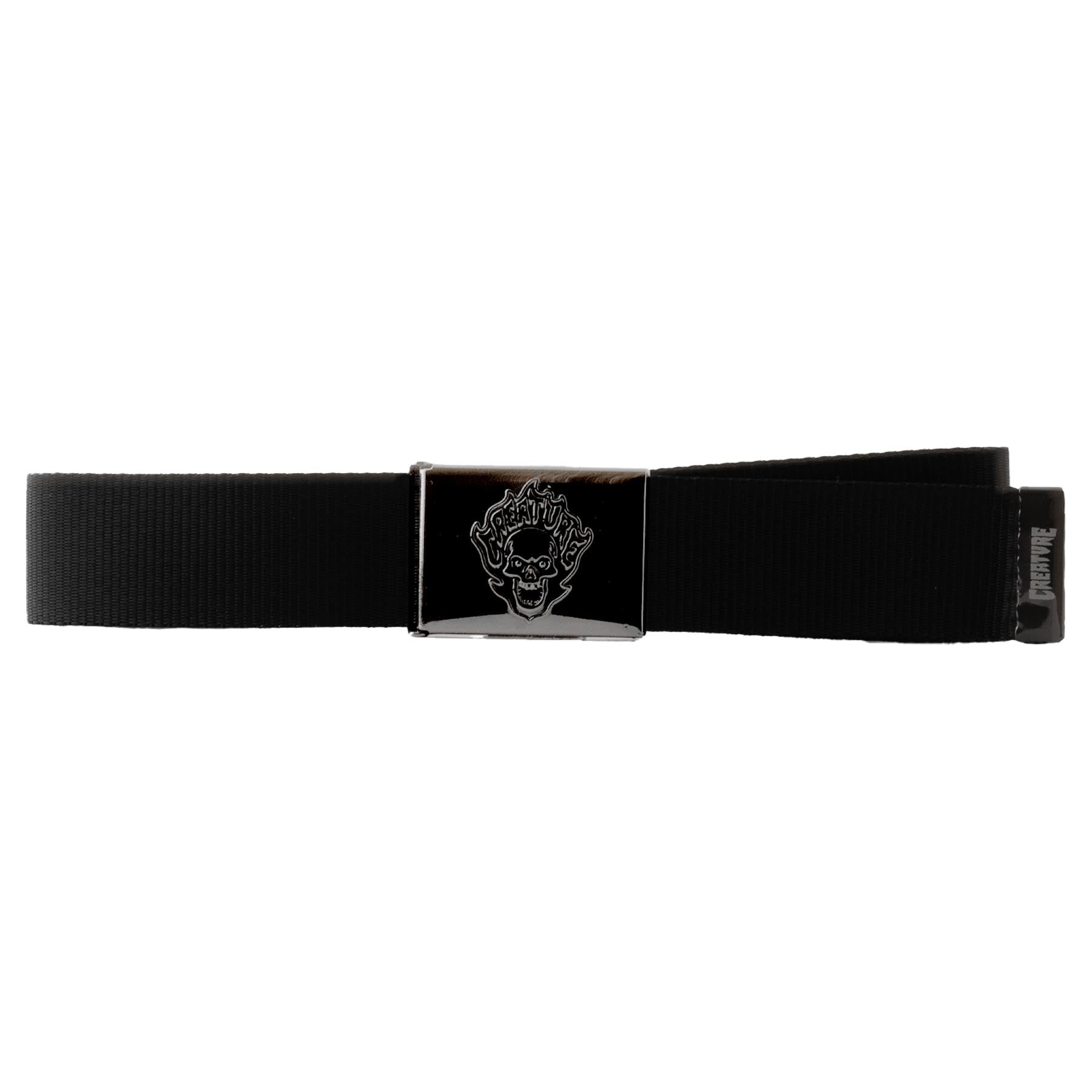 Black Creature skatebaords web belt with silver flaming skull buckle
