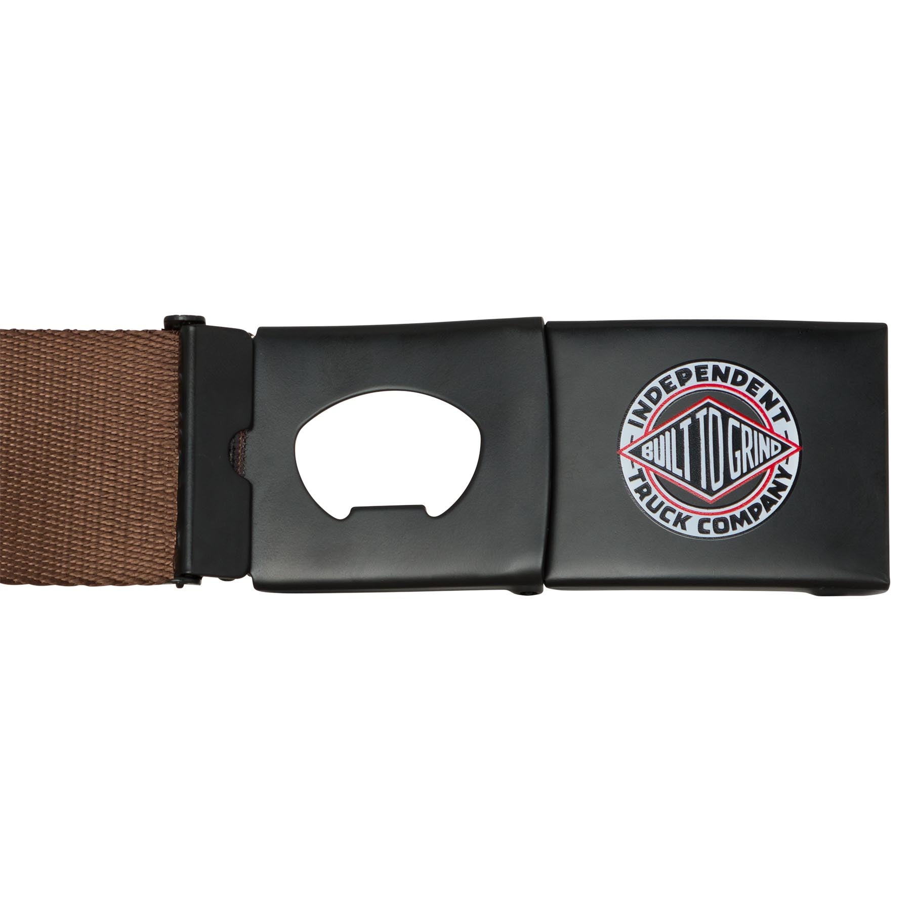 Independent brown and black belt with bottle opener