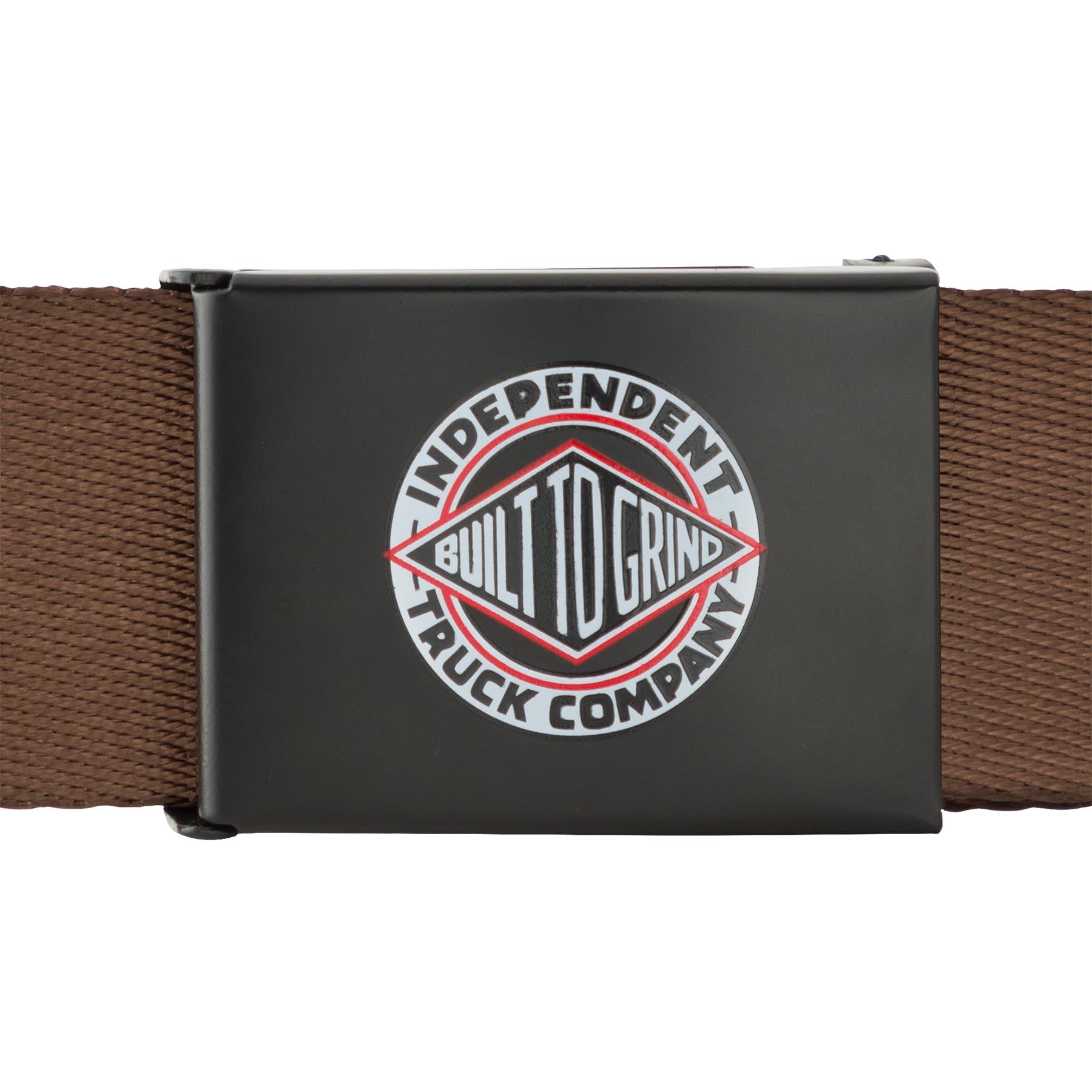 Independent black belt buckle with logo and brown belt