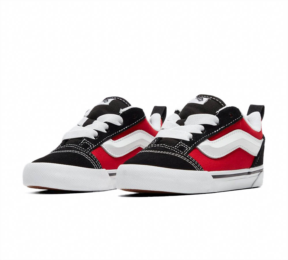 Black and red Vans Toddler Knu Skool shoes with elastic laces