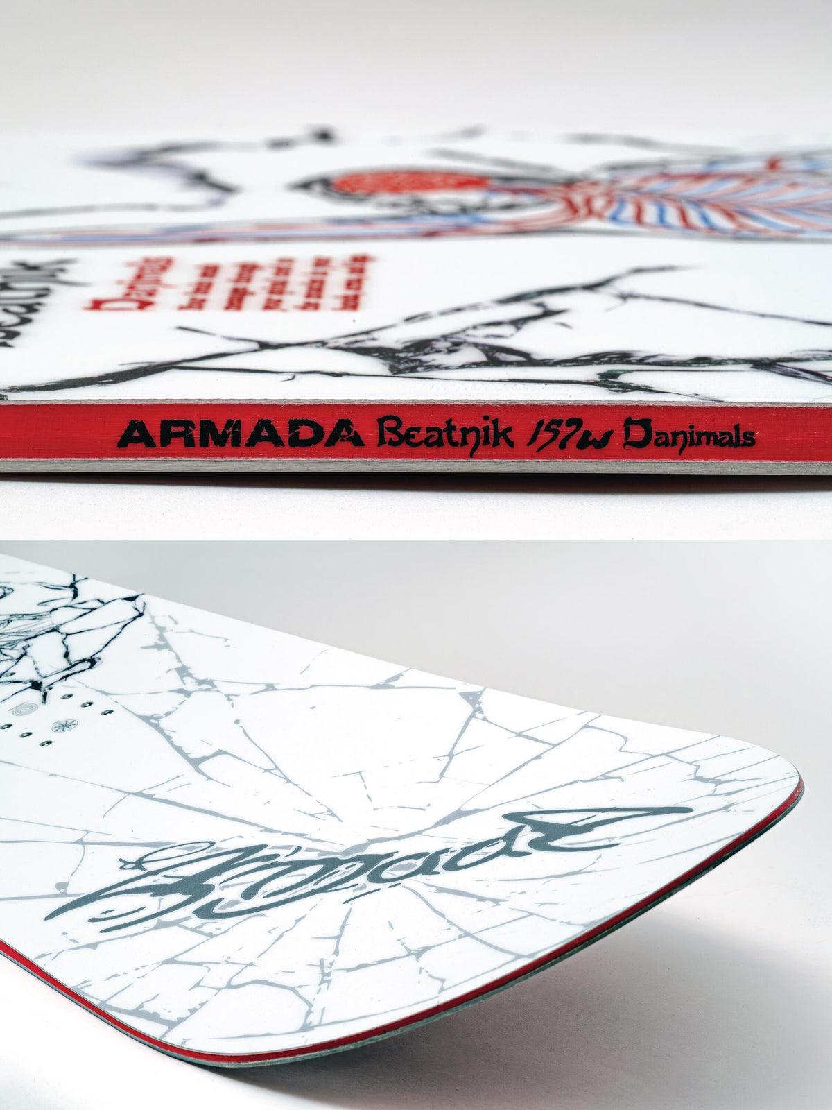 white 26/26 Danimals Beatnik Armada snowboard sidwall and tail