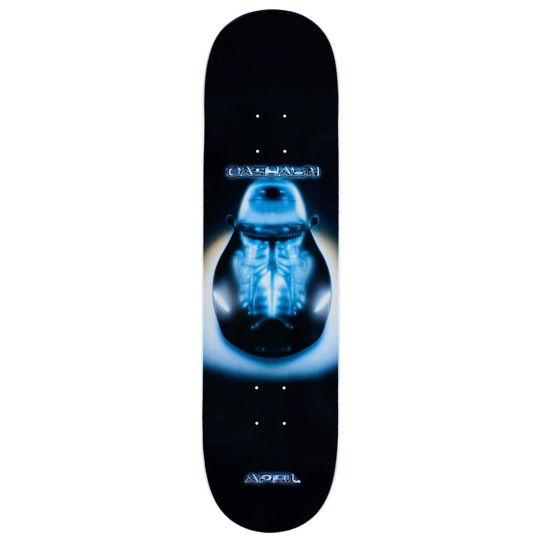 Dashawn jordan Cage skateboard deck featuring a black background with a glowing blue car graphic in the center.