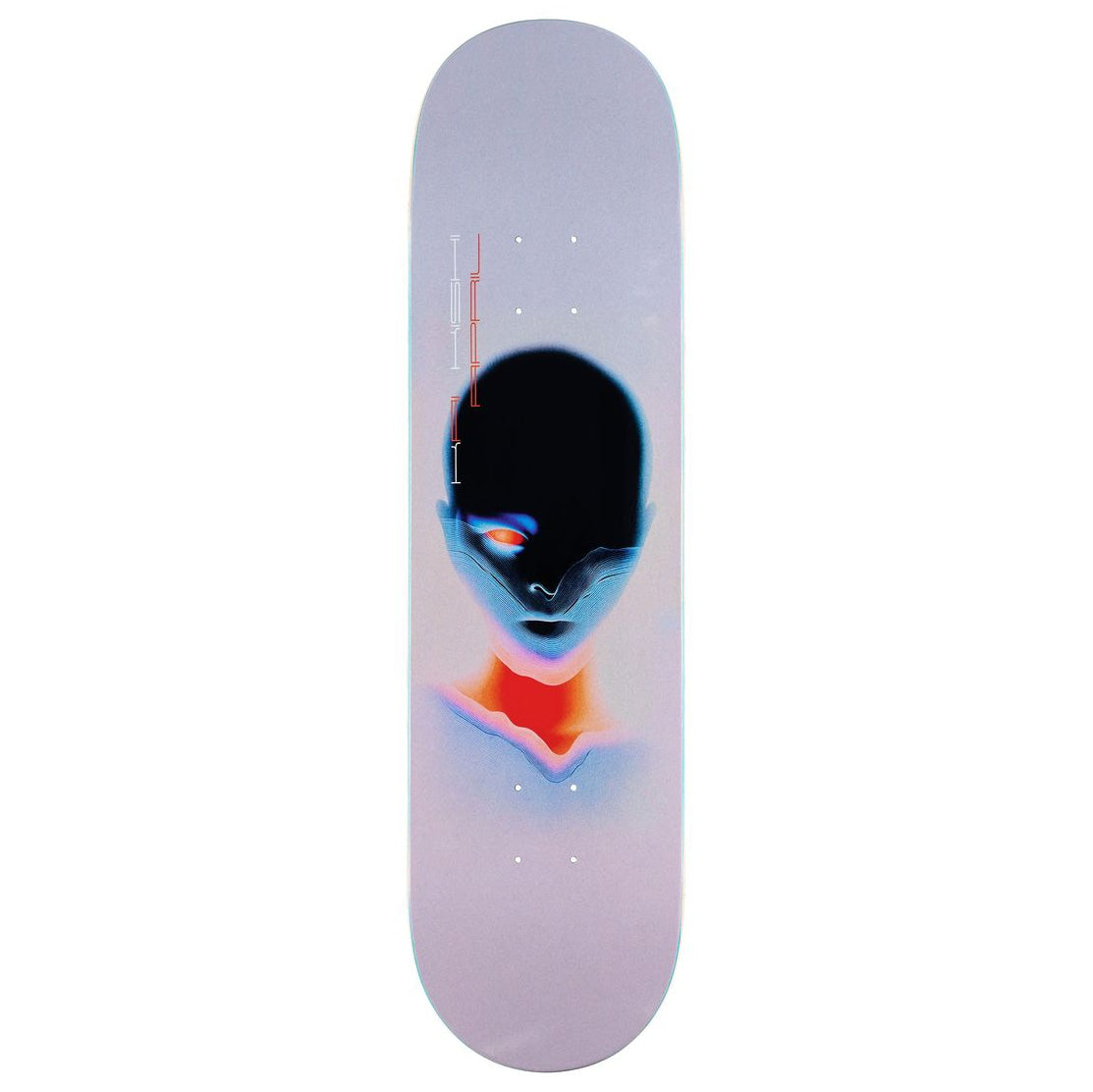 Kai Kishi April skateboard deck with a pale lavender and light blue background, featuring a stylized alien head graphic in black with glowing blue, orange, and red details.