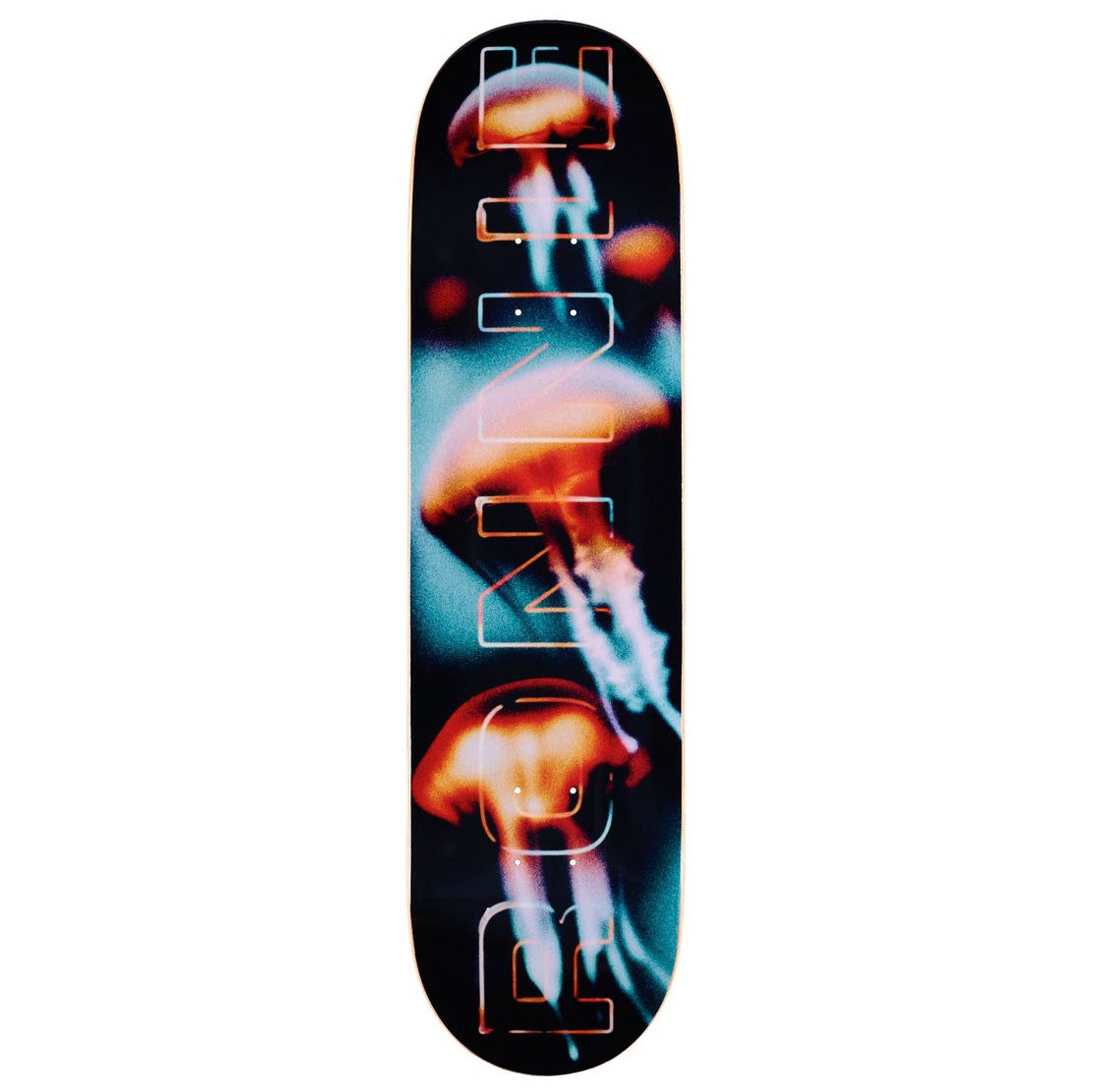 April Ronnie Kresner Biolume skateboard deck featuring a graphic design with three orange jellyfish over a dark blue and black background.