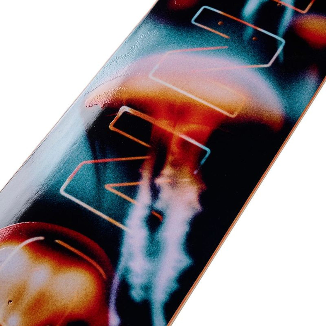 Close-up of Ronnie Kresner Biolume April skateboard deck featuring a glossy abstract design with orange, teal, and black tones, plus stylized white and orange graphic lines.