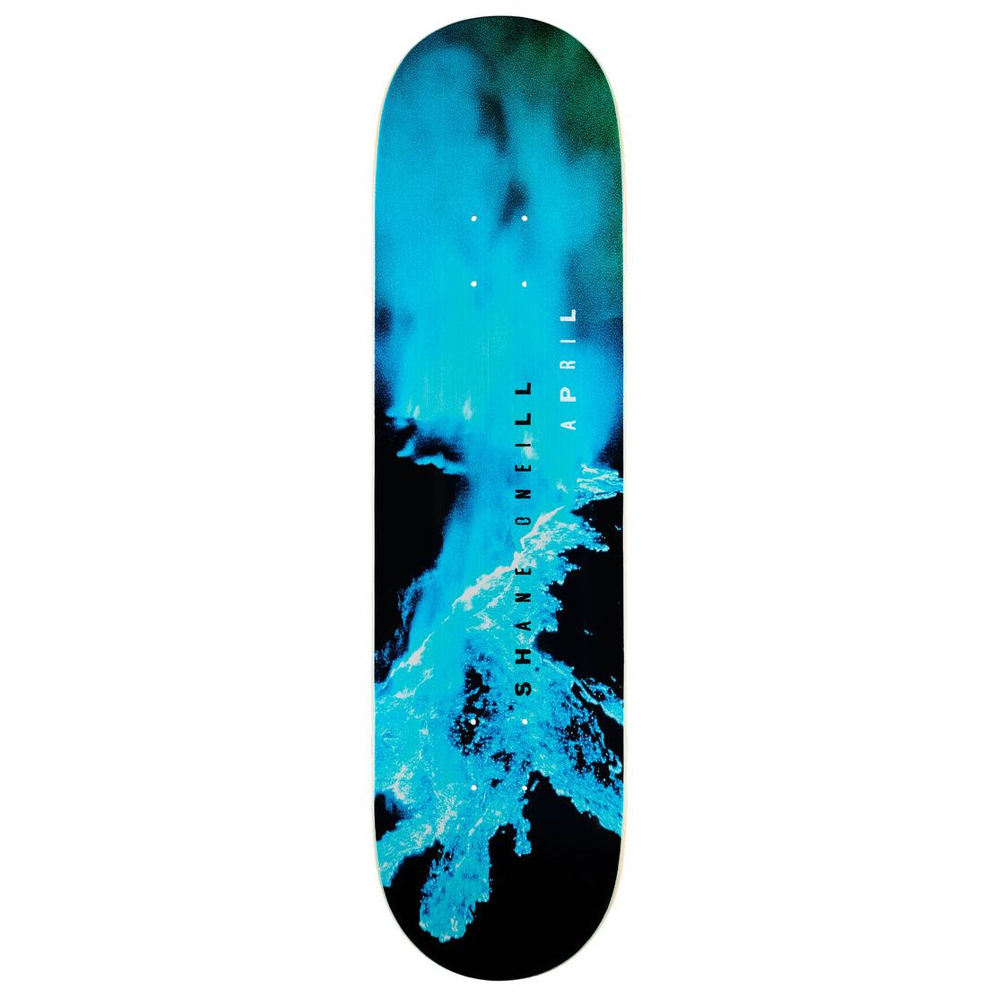 SHane Oneil blue flow April skateboard deck with a graphic design featuring a bright turquoise blue and black abstract splash pattern.