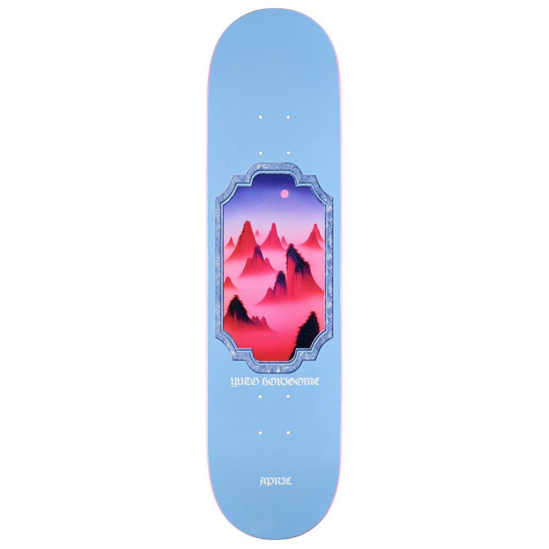 Light blue Yuto Misty April skateboard deck featuring a central graphic of stylized pink and red mountains under a purple sky.
