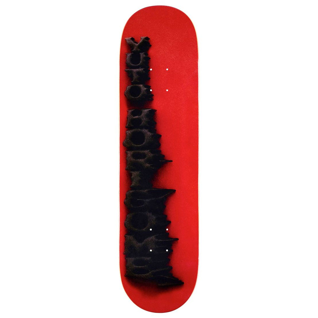 Red yutp Stamped April skateboard deck with a black textured vertical graphic running down the center of a red deck