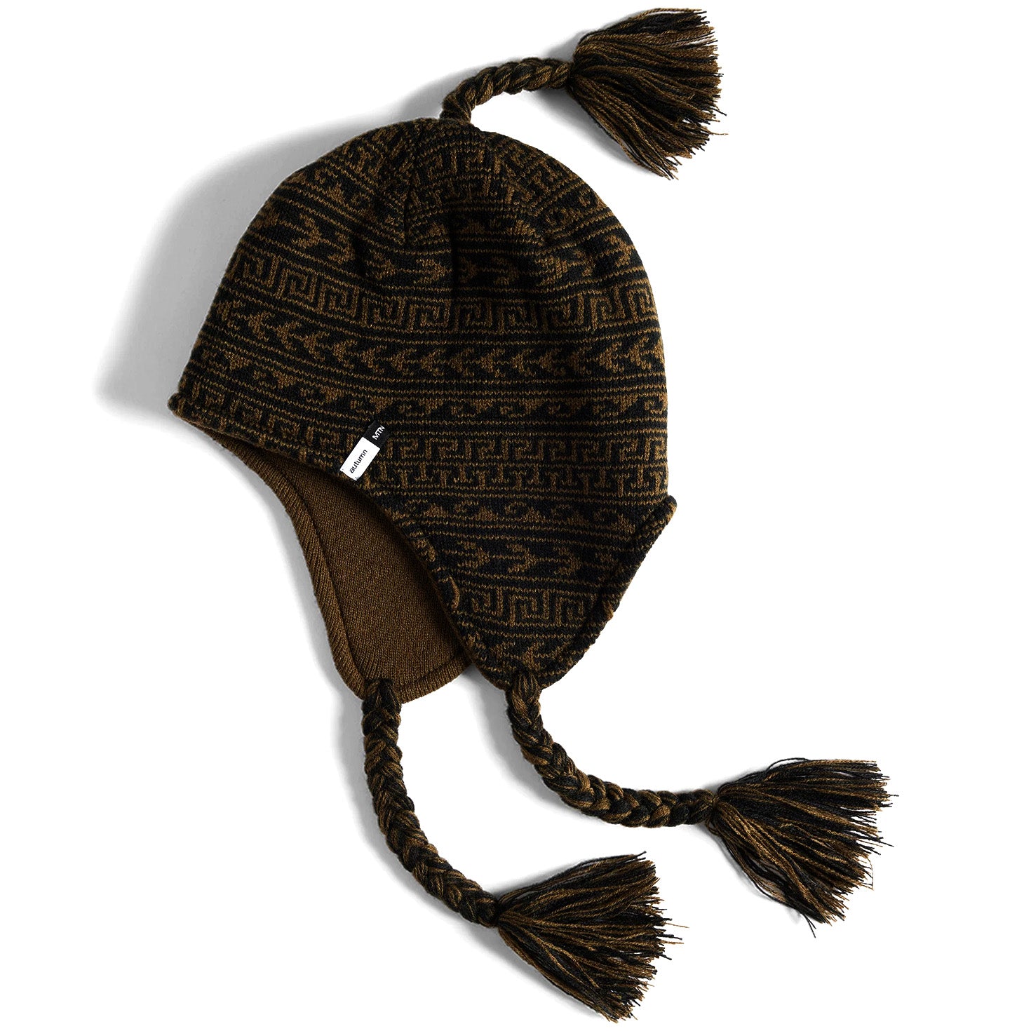 Army green and black Autumn headwear beanie wit hear flaps and 3 tassles