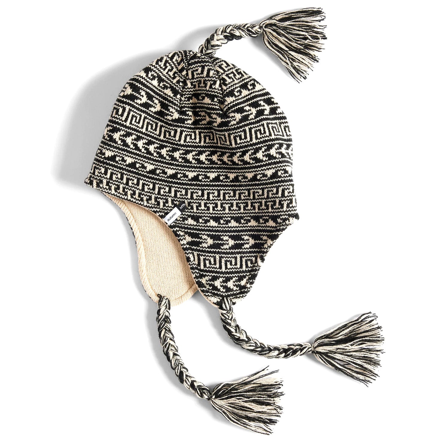 Offwhite Autumn headwear swell beanie with ear flaps and 3 tassles