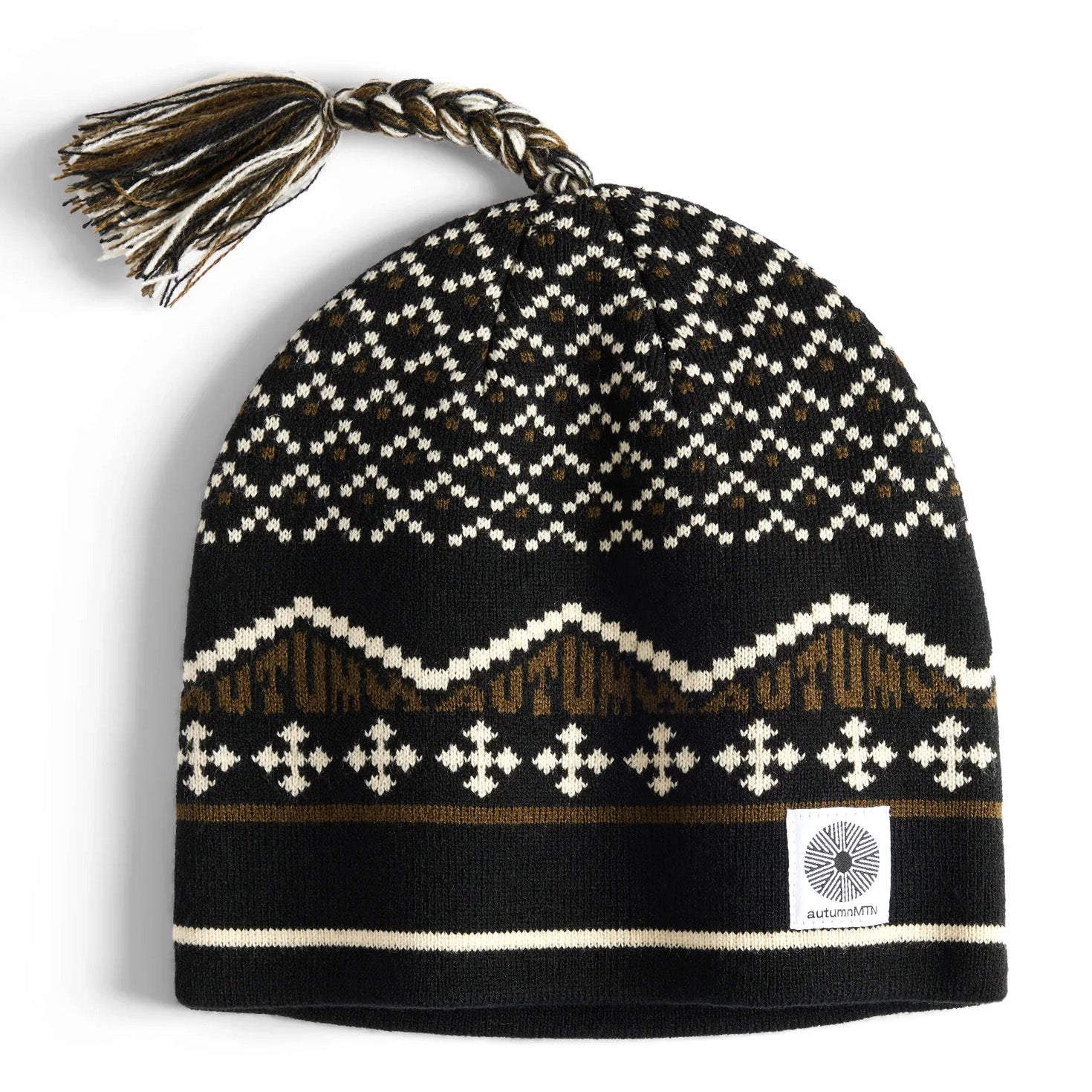 Black and olive Autumn headwear beanie with a tassle
