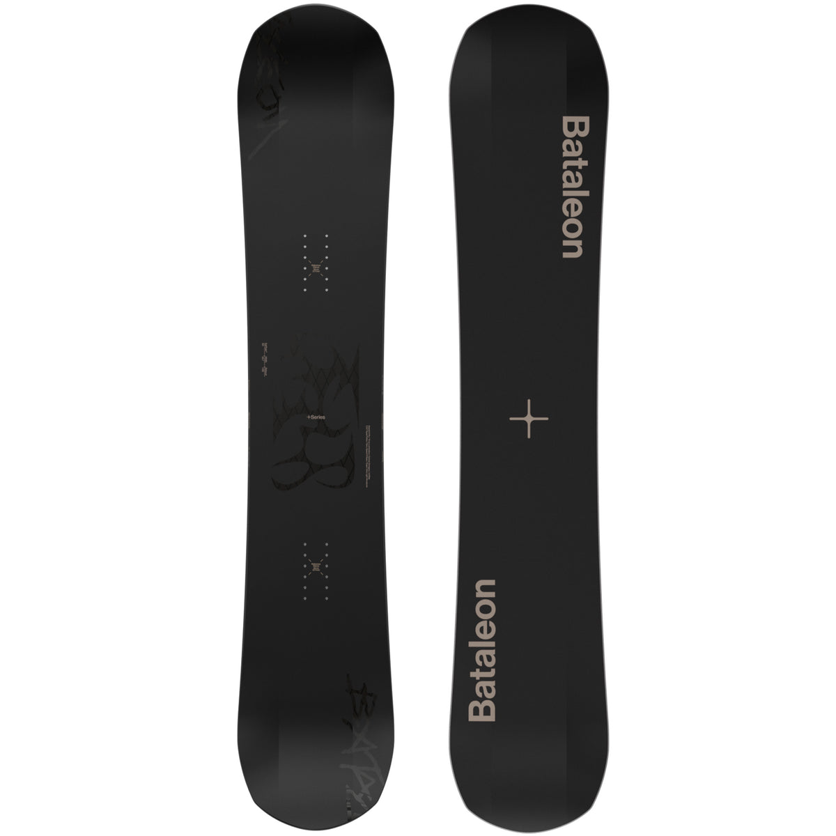 2027 Bataleon Evil Twin + Snowboard with all black top featuring tribal print and a black base with tan logos