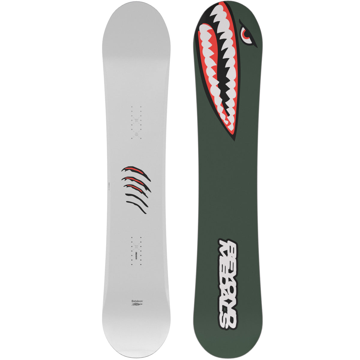 New Bataleon Tornado snowboard with white top and green airplain shark teeth mouth base design