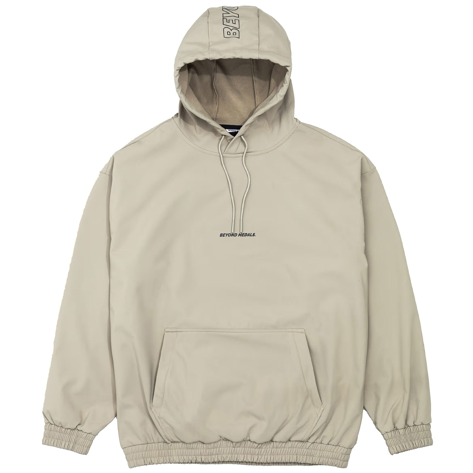 Beige Beyond Medals snowboarding hoodie with black logo