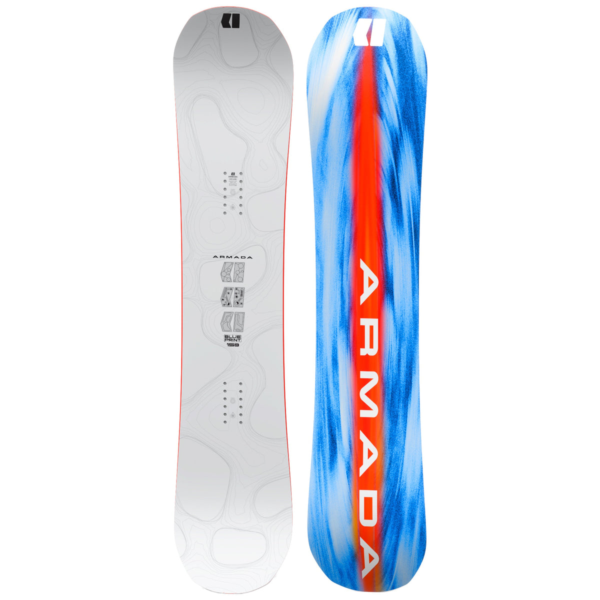 2027 Armada Blueprint Snowboard top and botop shots with a white top sheet and blue base with a red strip down the middle and white "armada"