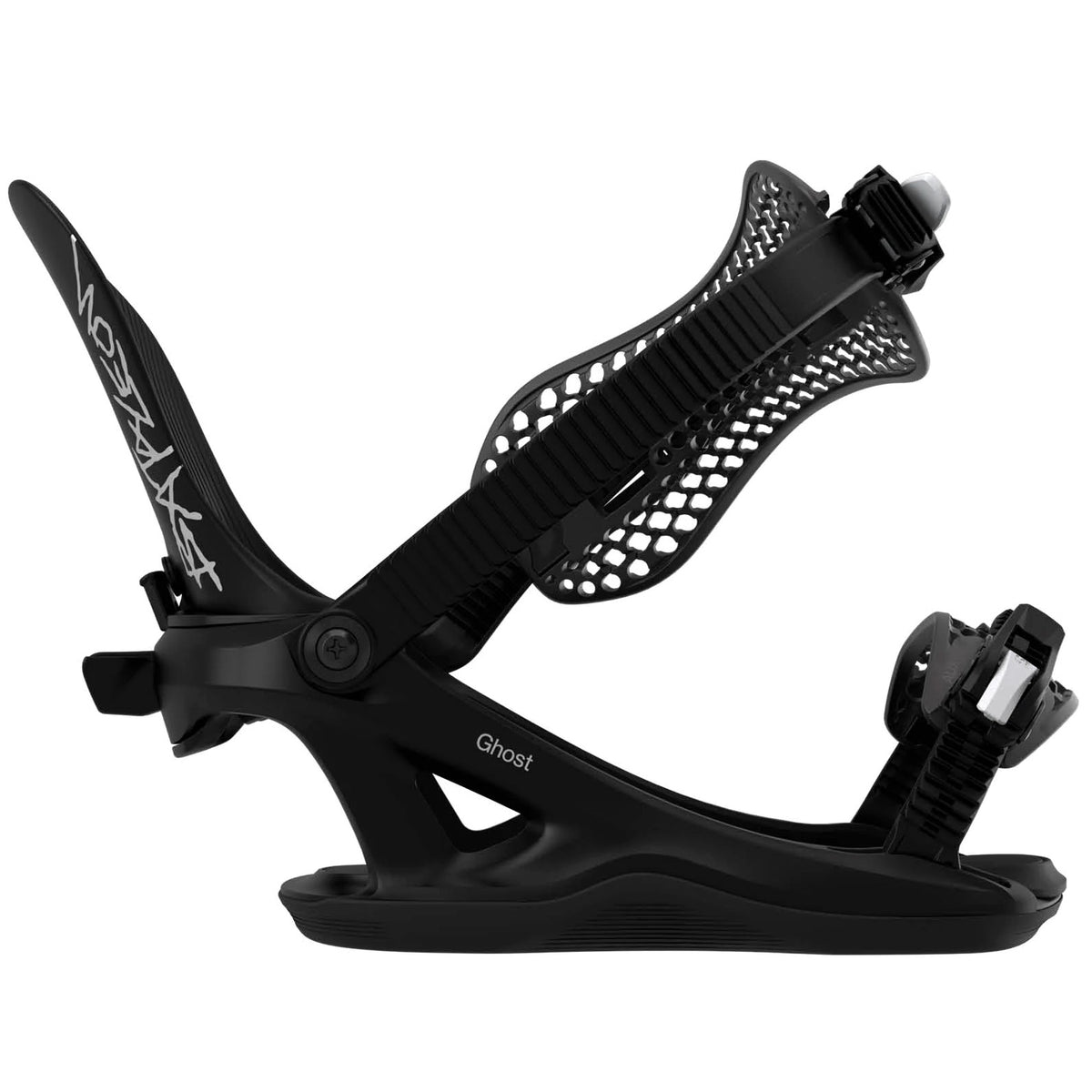 2027 black Bataleon Ghost FASE fast entry snowboard binding shown from a side profile view in open position.