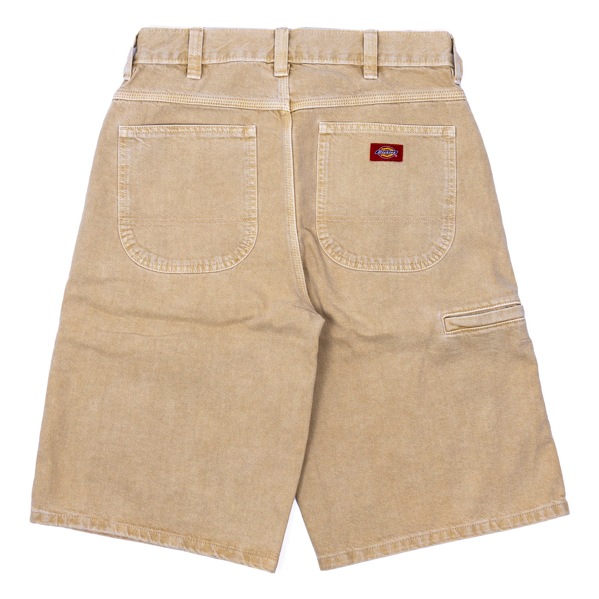 Beige Dickies 958 13" Denim Shorts with cell phone pocket and red tag