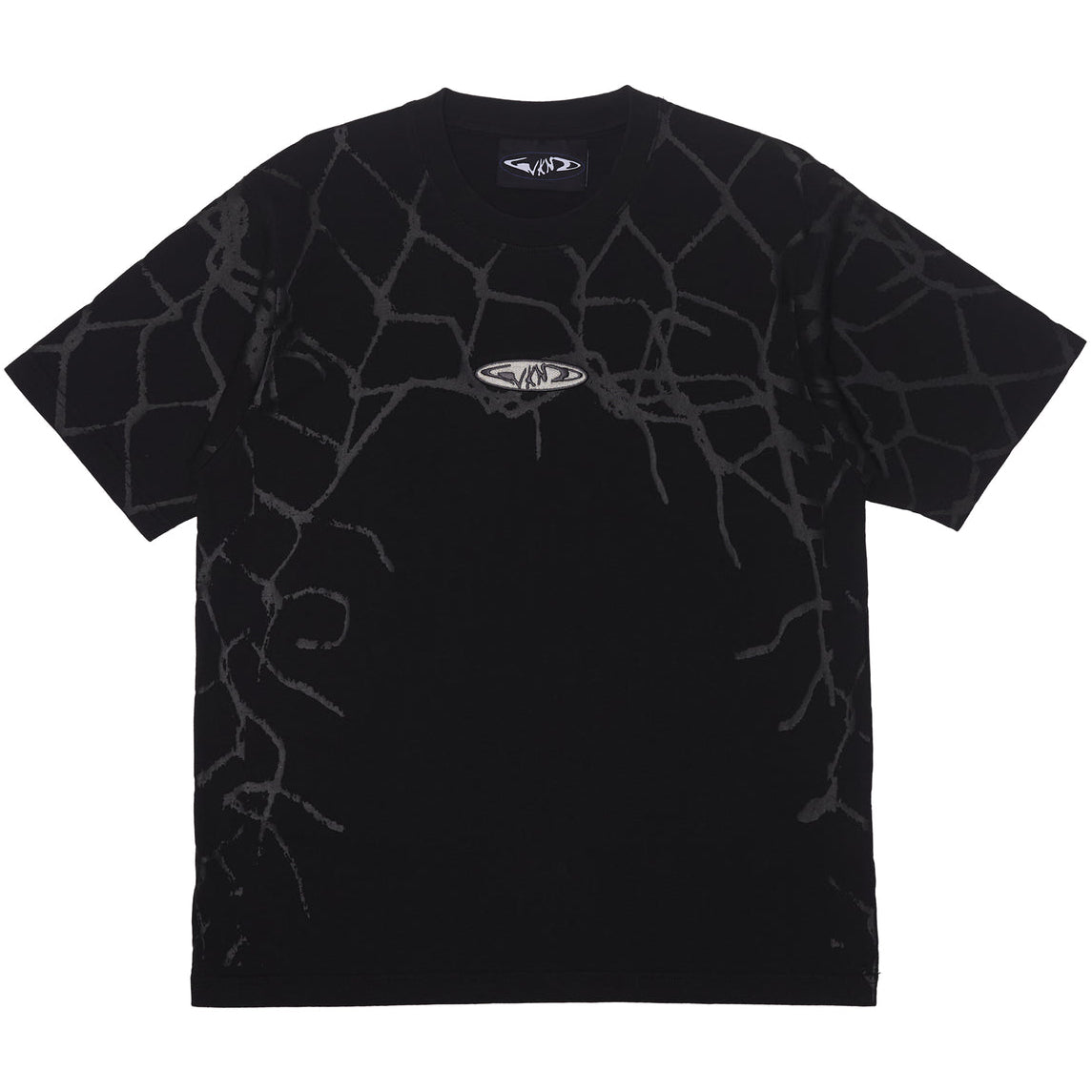 Black WKND skate tee with broken fence all over print