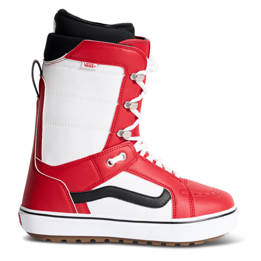 Red and white Vans HIgh Standard snowboard boot with a black stripe