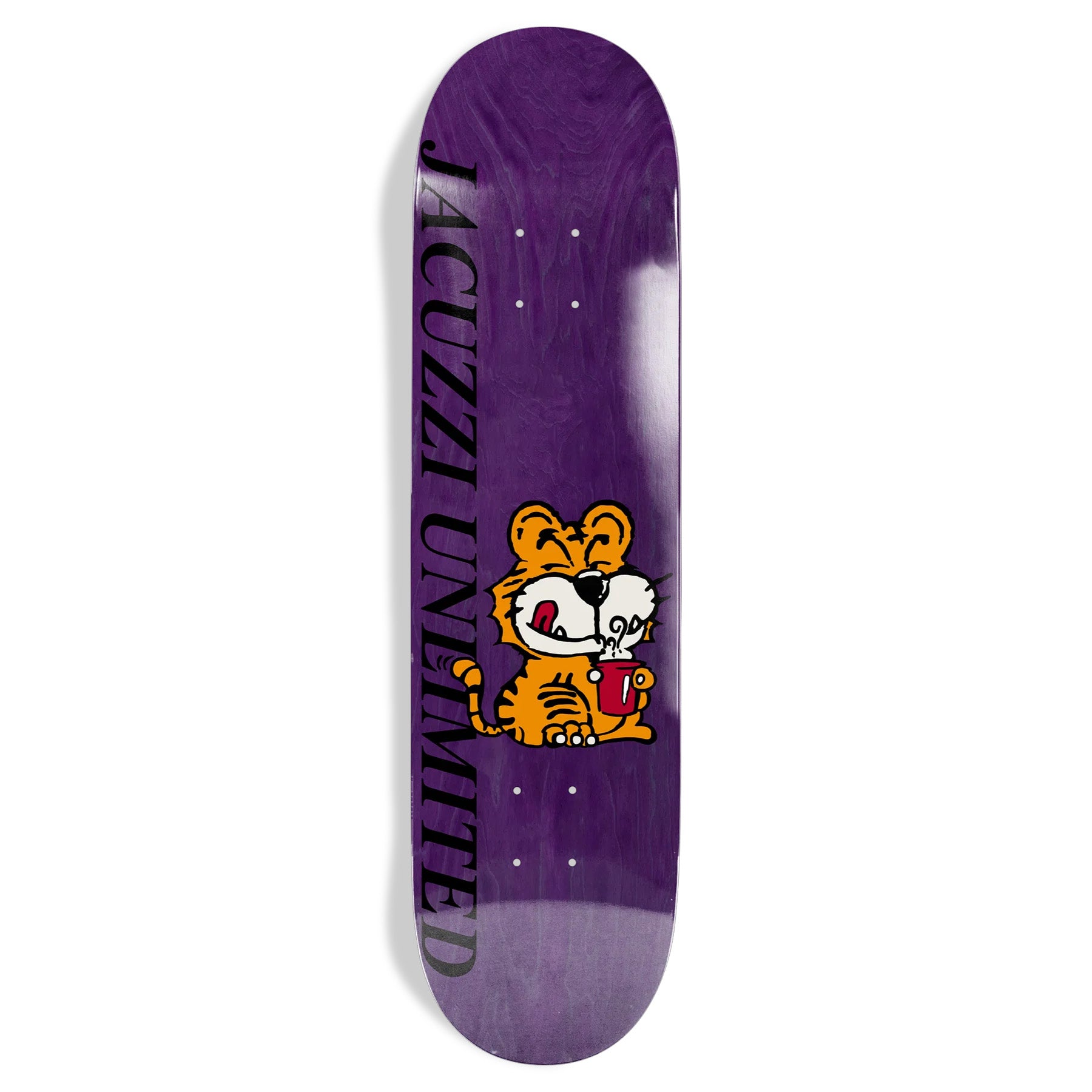 Purple Pur Jacuzzi skateboard deck with a tiger drinking coffee