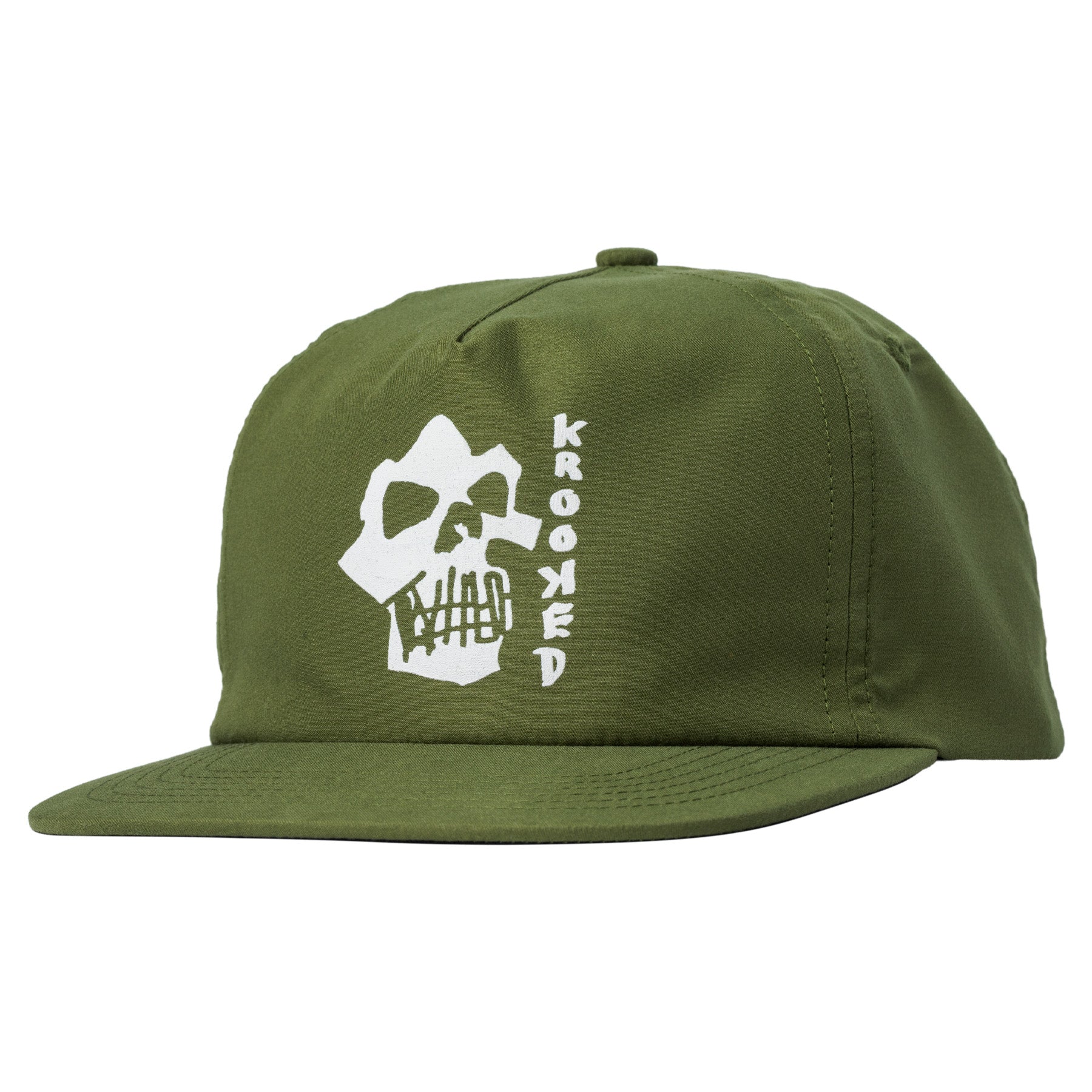 Krooked Skulls N Teeth Snapback Hat - Army Green/White