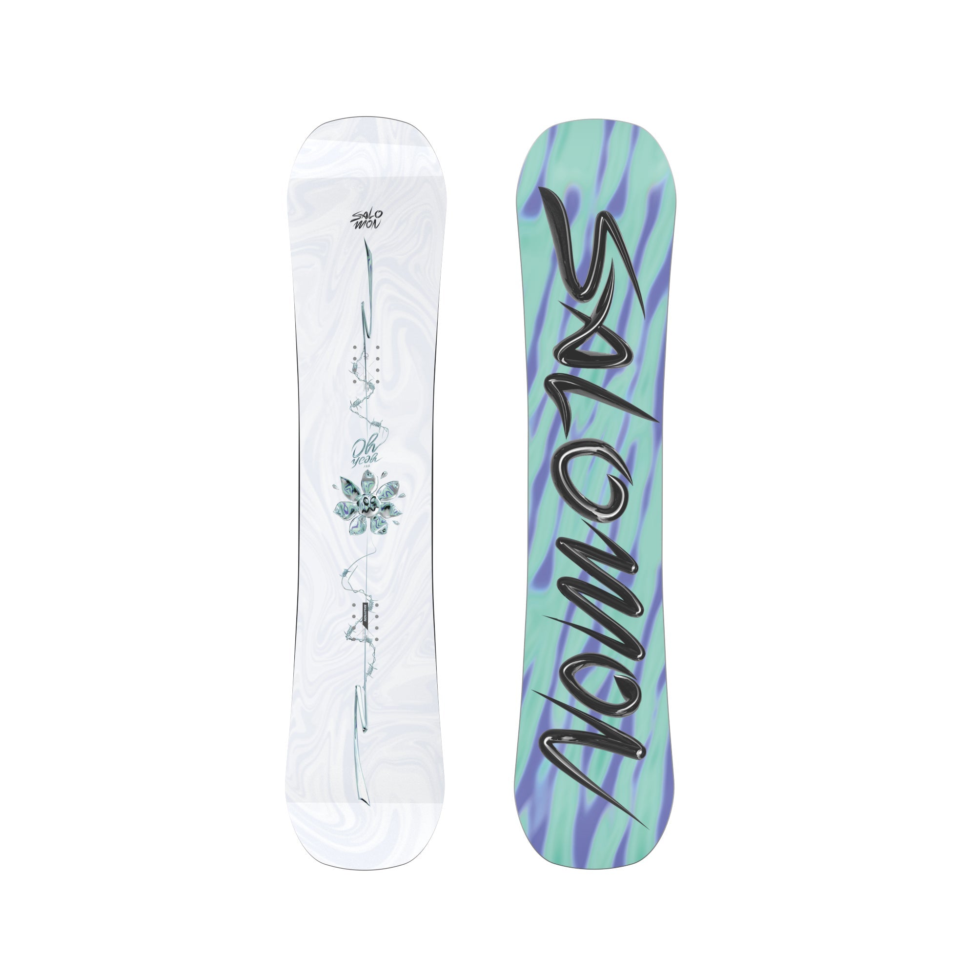 Kids Salomon Oh Yeah Grom Snowboard withe metallic flower design on the white top and blue and teal base