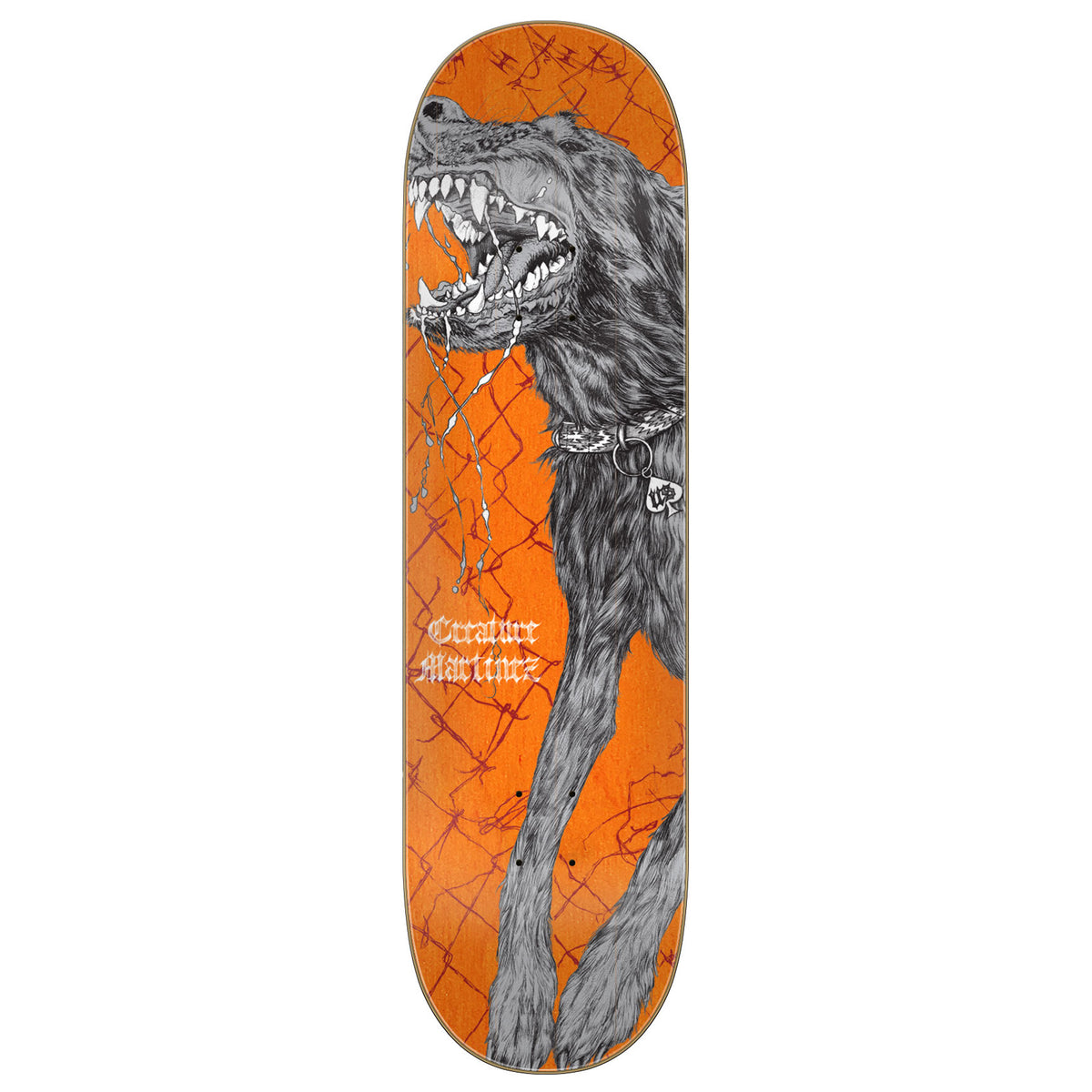 Creature Martines Guero skateboard deck featuring a detailed black and white illustration of a snarling dog on an orange background with a chain-link fence pattern,