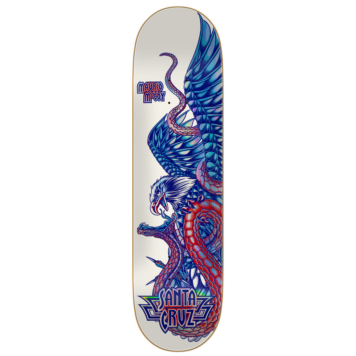 A Santa Cruz maurio mccoy VX skateboard deck featuring a detailed graphic illustration of a blue and red winged serpent creature on a white background.