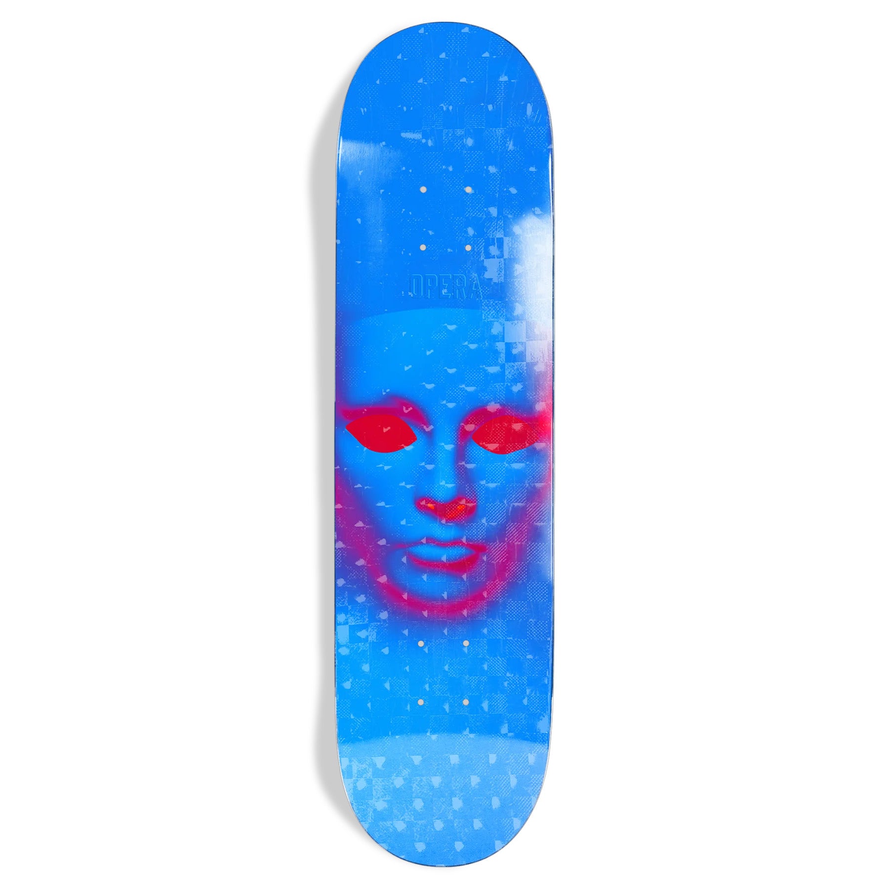 Blue and pink Face Opera skateboard deck in 8.25
