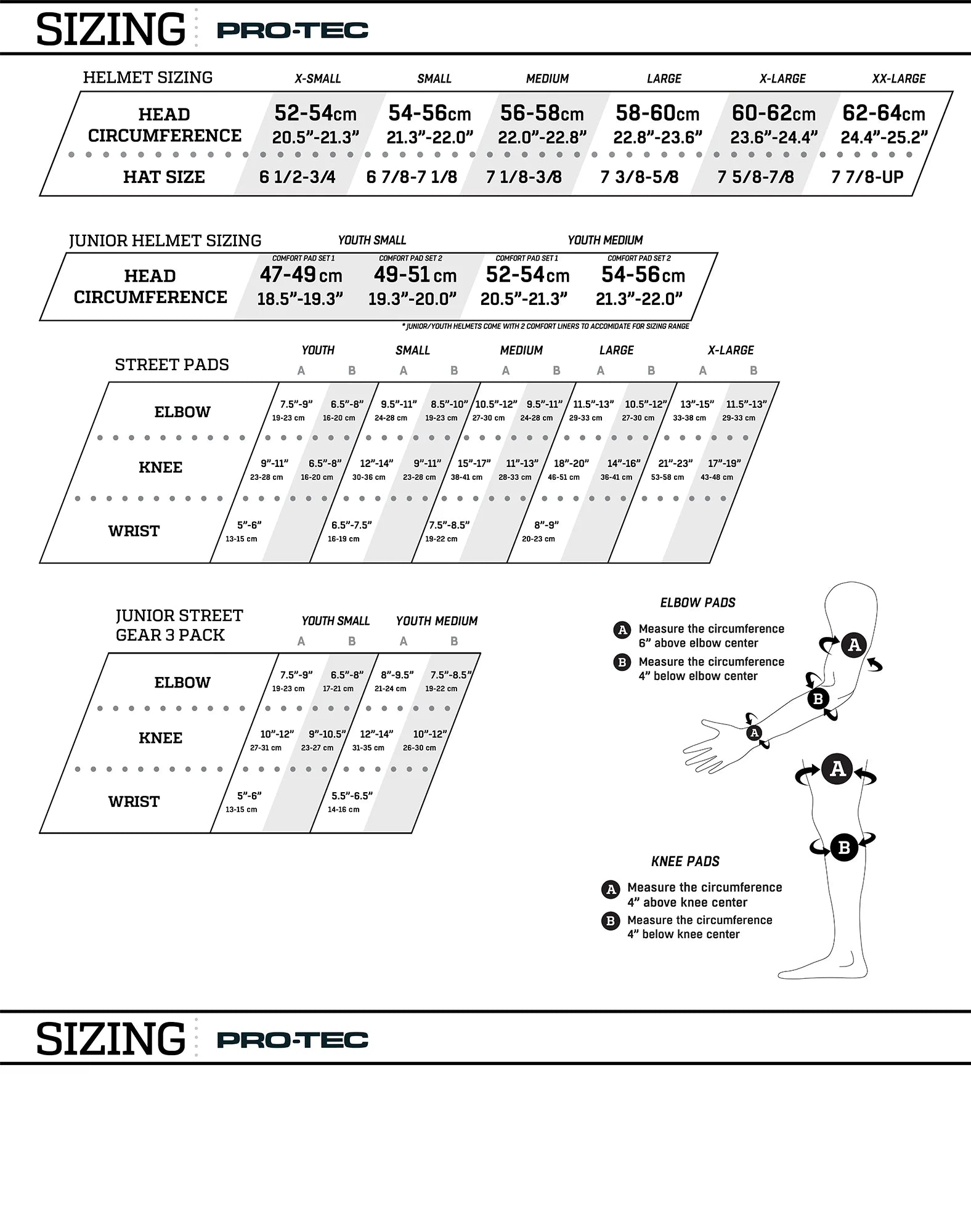 Pro-Tec helmet and pad size chart