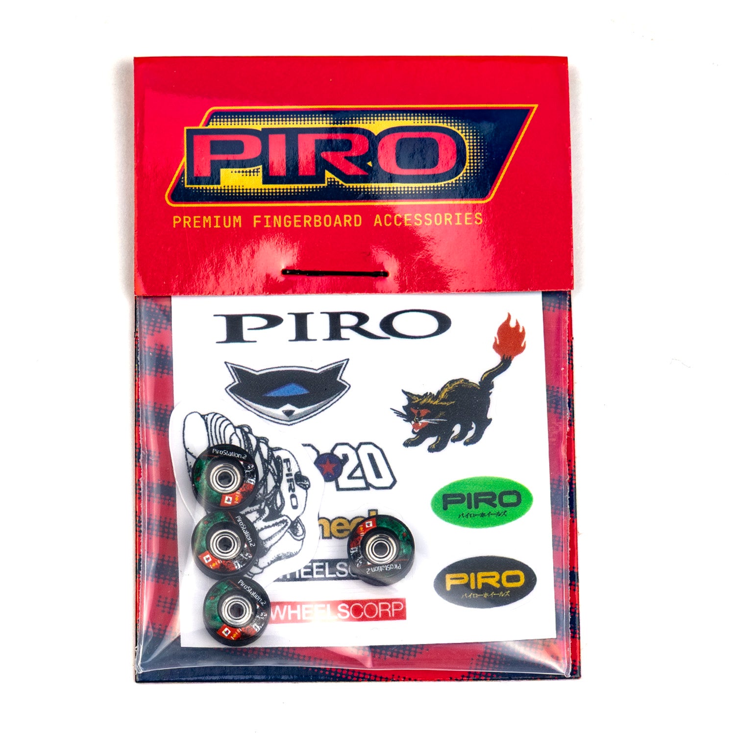 Black Pirostation 2 Fingerboard wheels with packaging and stickers included