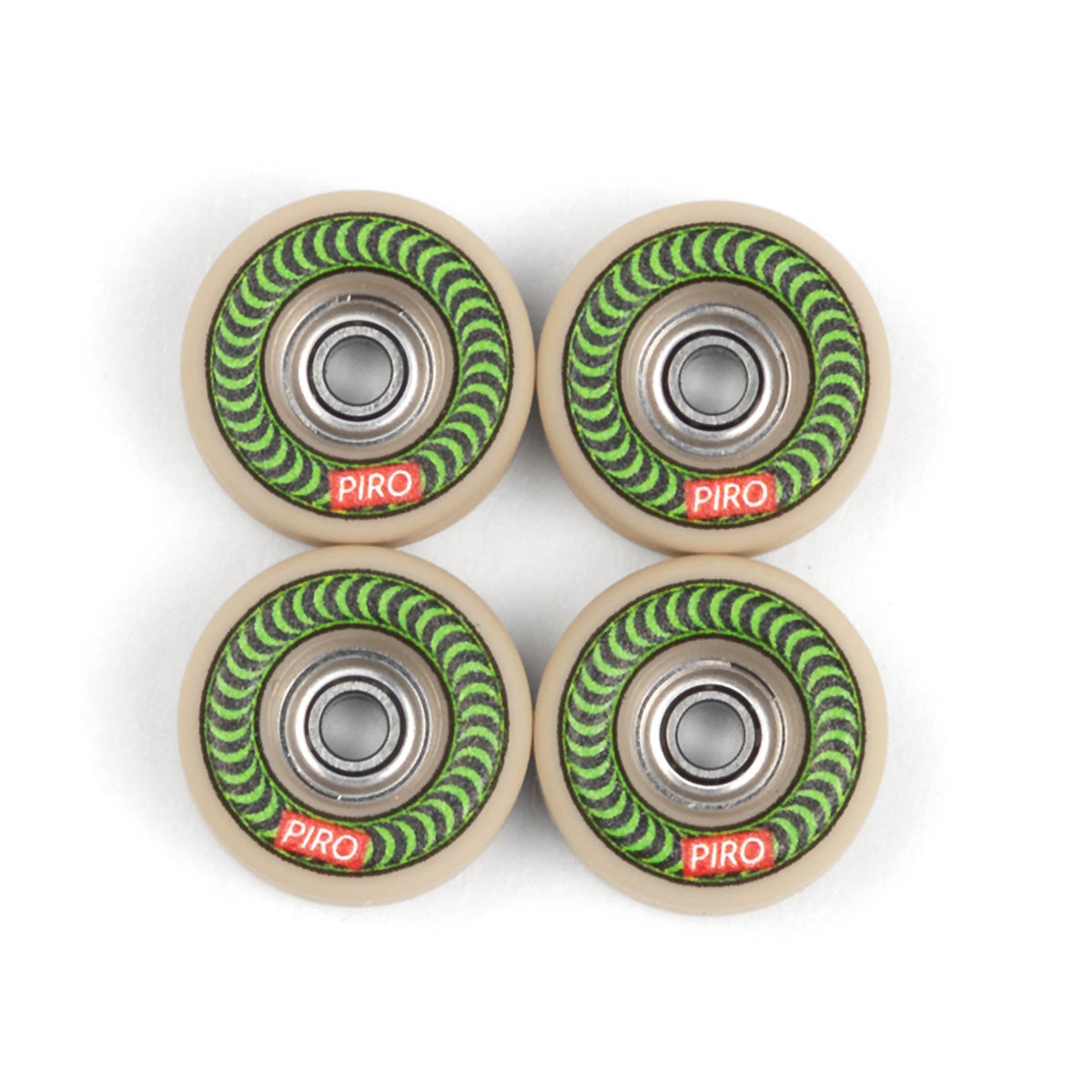 Tan Piro fingerboard wheels with a green spiral graphic